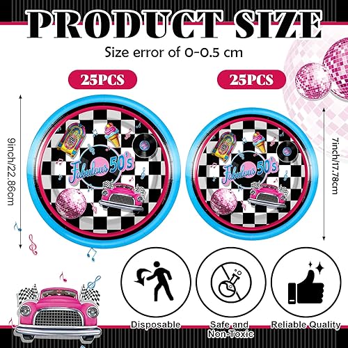 Miniatura 2 de Yungyan 50 platos temáticos de los años 50 de 9 y 7 pulgadas, platos de postre desechables de la década de 1950, vajilla de papel de calcetín hop,