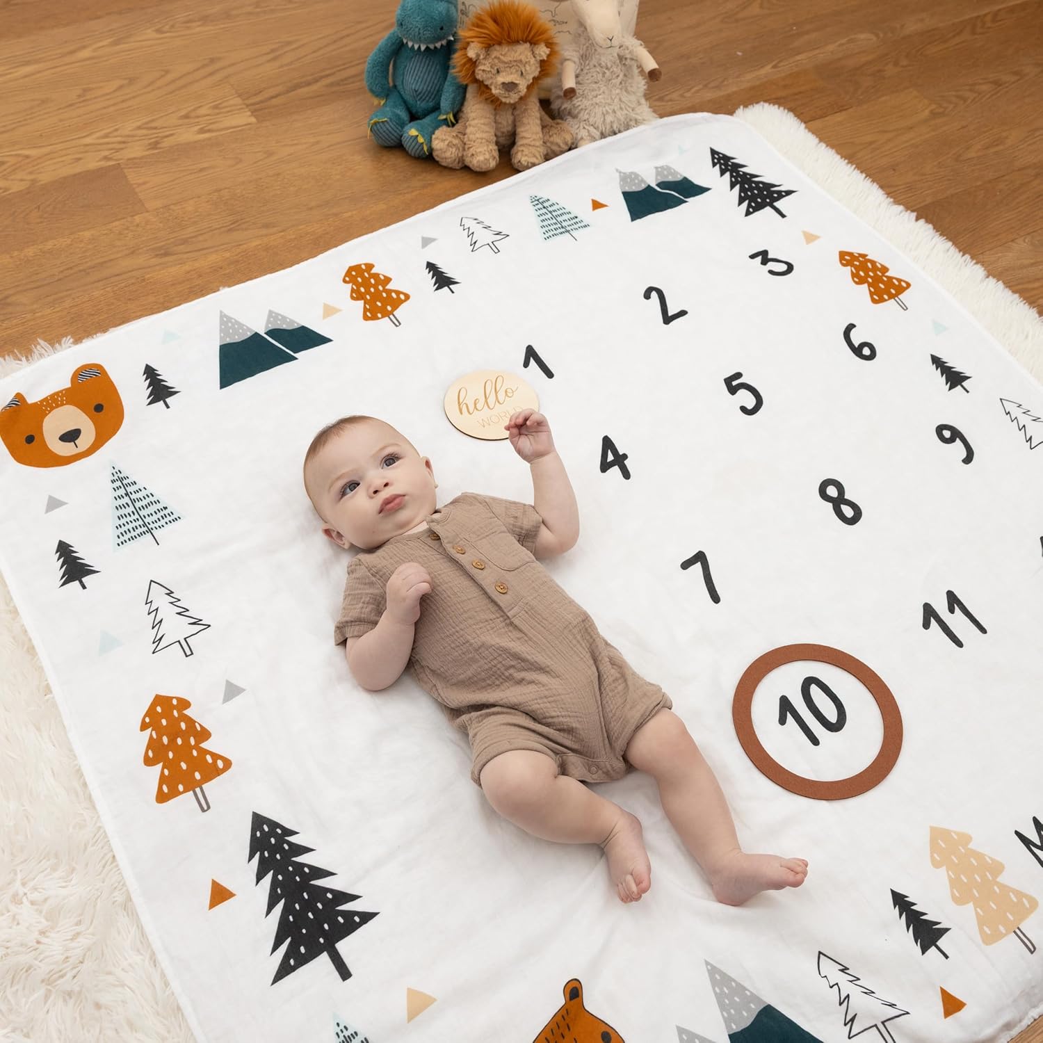 Pondering Pine Organic Baby Monthly Milestone Blanket Boy - Growth Age Blanket for 1-12 Months Milestones with Month Marker Frame and Newborn Announcement Disc, Woodland, Bear, 47”x47”