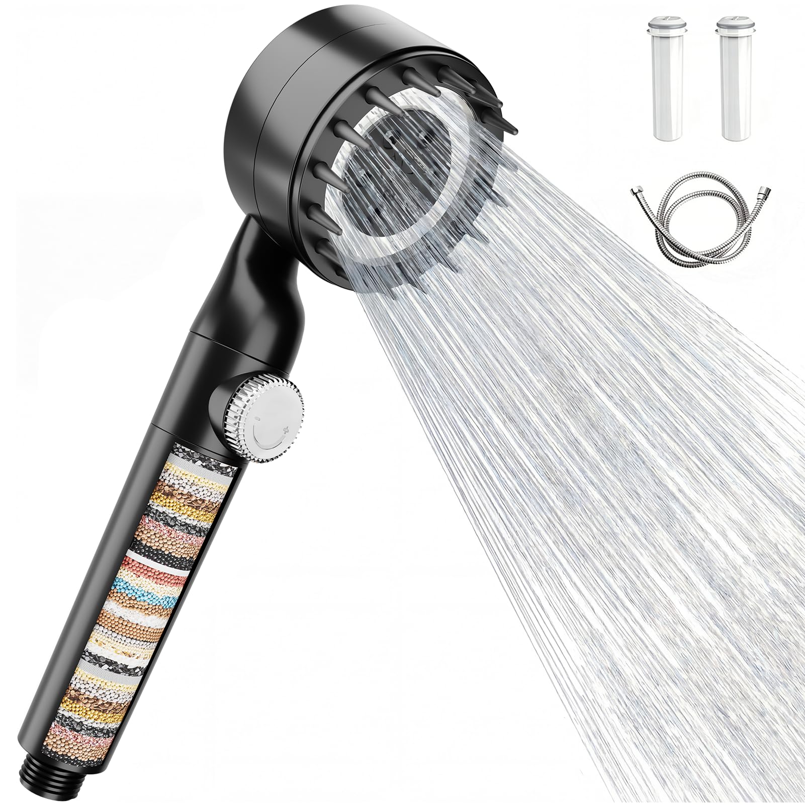 WELDUN Hard Water Filter Shower Head, High Pressure Shower Head with 20 Stage Filter, 1.5M Shower Hose, Bathroom Massage Handheld Shower Heads with 3 Mode, Water Level Regulation Bottom, Black
