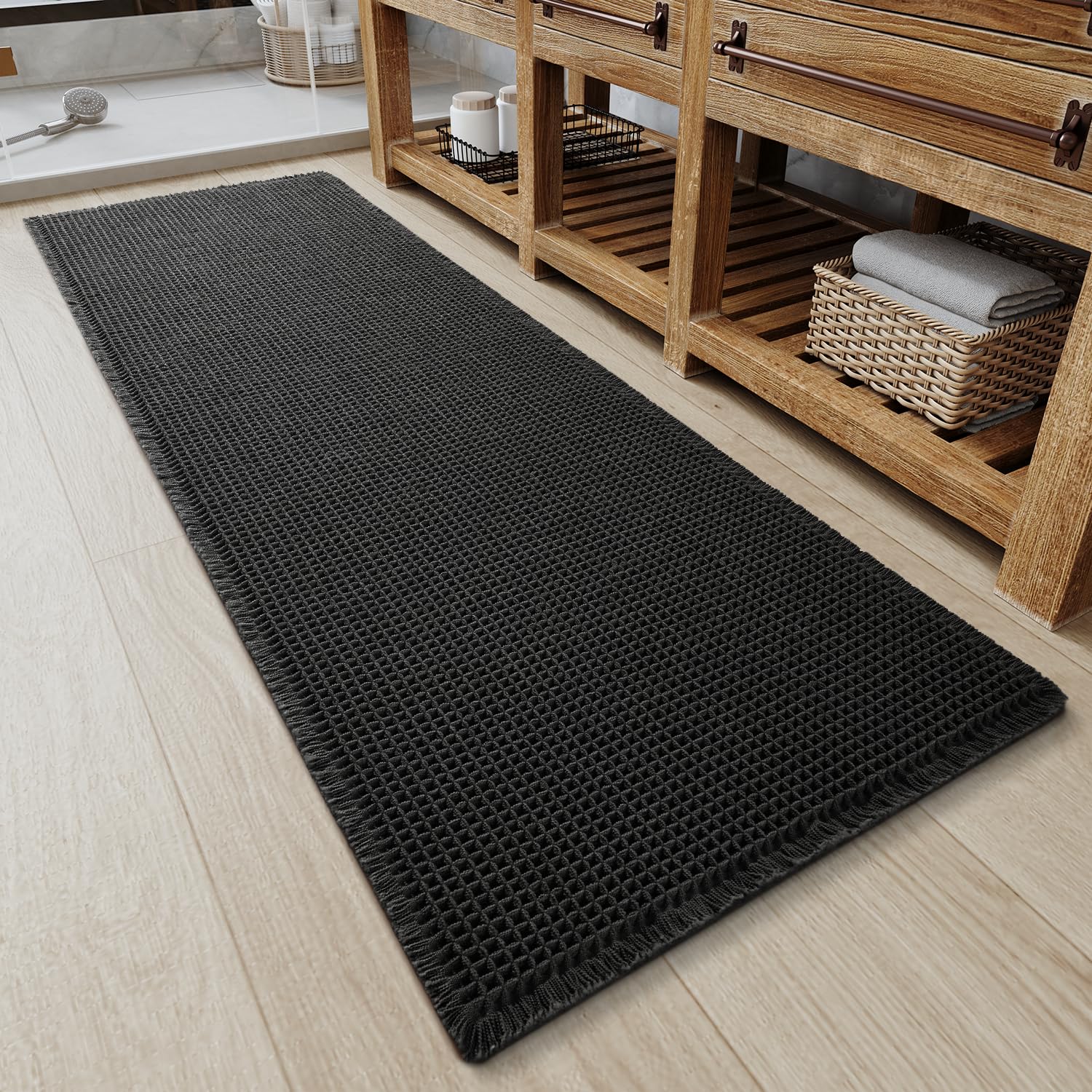 Upgraded Waffle Bath Mat Non Slip Super Absorbent Quick Dry Bath Mats for Bathroom Floor Machine Washable Bathroom Mat Ultra Soft Boho Bathroom Rugs with Tassels Beside Tub, 17" x 24", Brown — view 7
