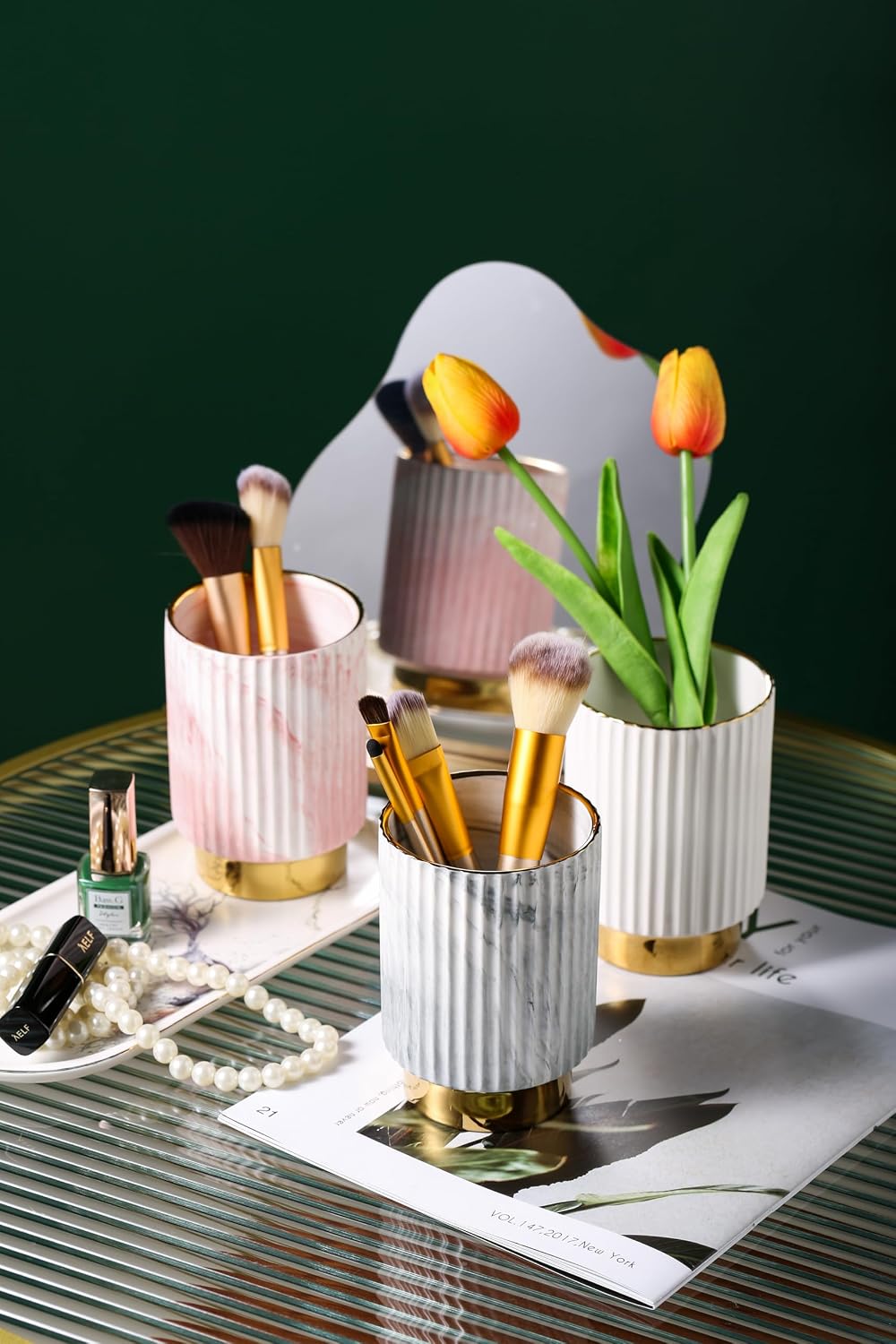 IEEK Makeup Brush Holder Organizer Pen Pencil Cup Glass Make Up Brushes and Toothbrush Organizer for Bathroom Vanity Desktop European Style Striped Brushes Container,Grey and Gold