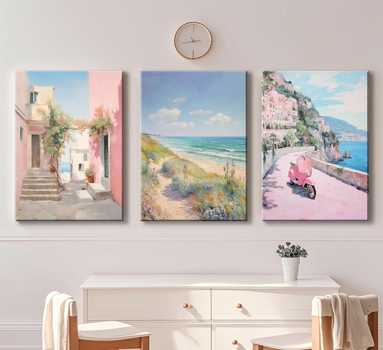 3Pcs Amalfi Coast Pastel Canvas Wall Art Trendy Pink Beach Preppy Painting Picture Wall Decor Aesthetic Italian Beachy Landscape Poster Print Artwork for Teen Girl Dorm Girls Room Home Decoration