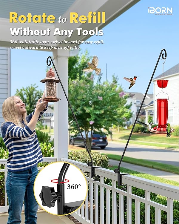 iBorn 40 Inch Deck Hook for Bird Feeder Outdoors Hanging, Hummingbird Feeder Hanger for Deck Railing, Squirrel Proof Shepherd Hook, Rotatable for Refilling, Wrought Iron Solid Wire, Pack of 2, Black by iBorn - Image 5