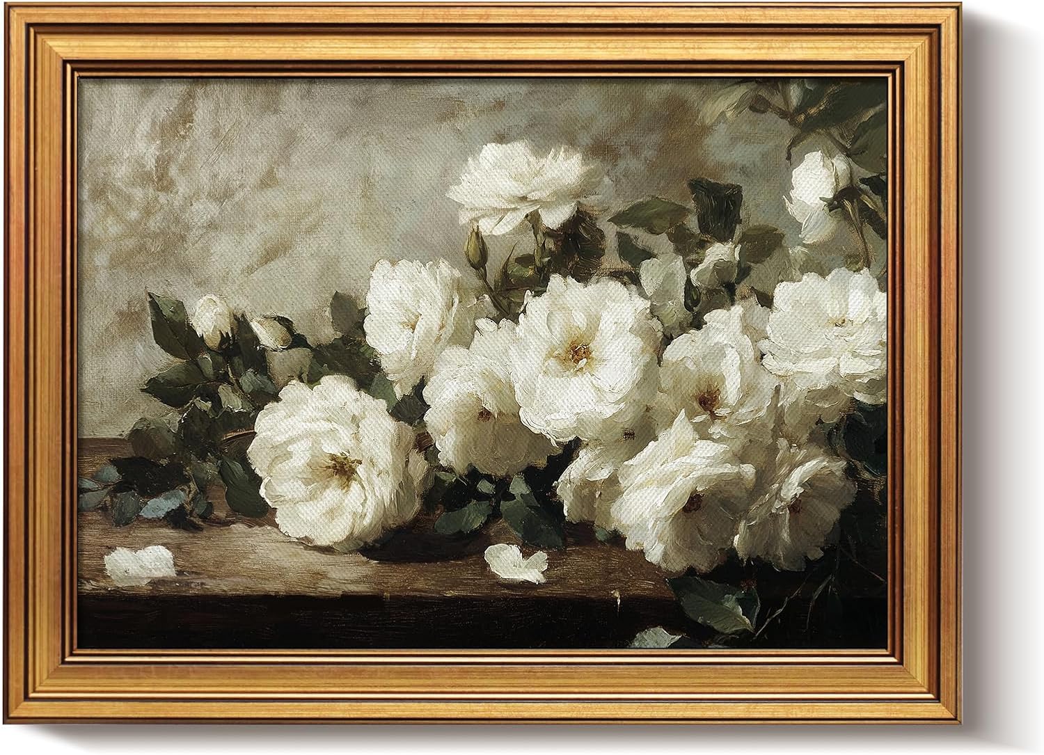 Bzstyleart Gold Framed Vintage White Rosebush Wall Art, 12x16 Inch Canvas Print - Aesthetic Botanical Decor for Living Room, Bedroom, Gift for Mom