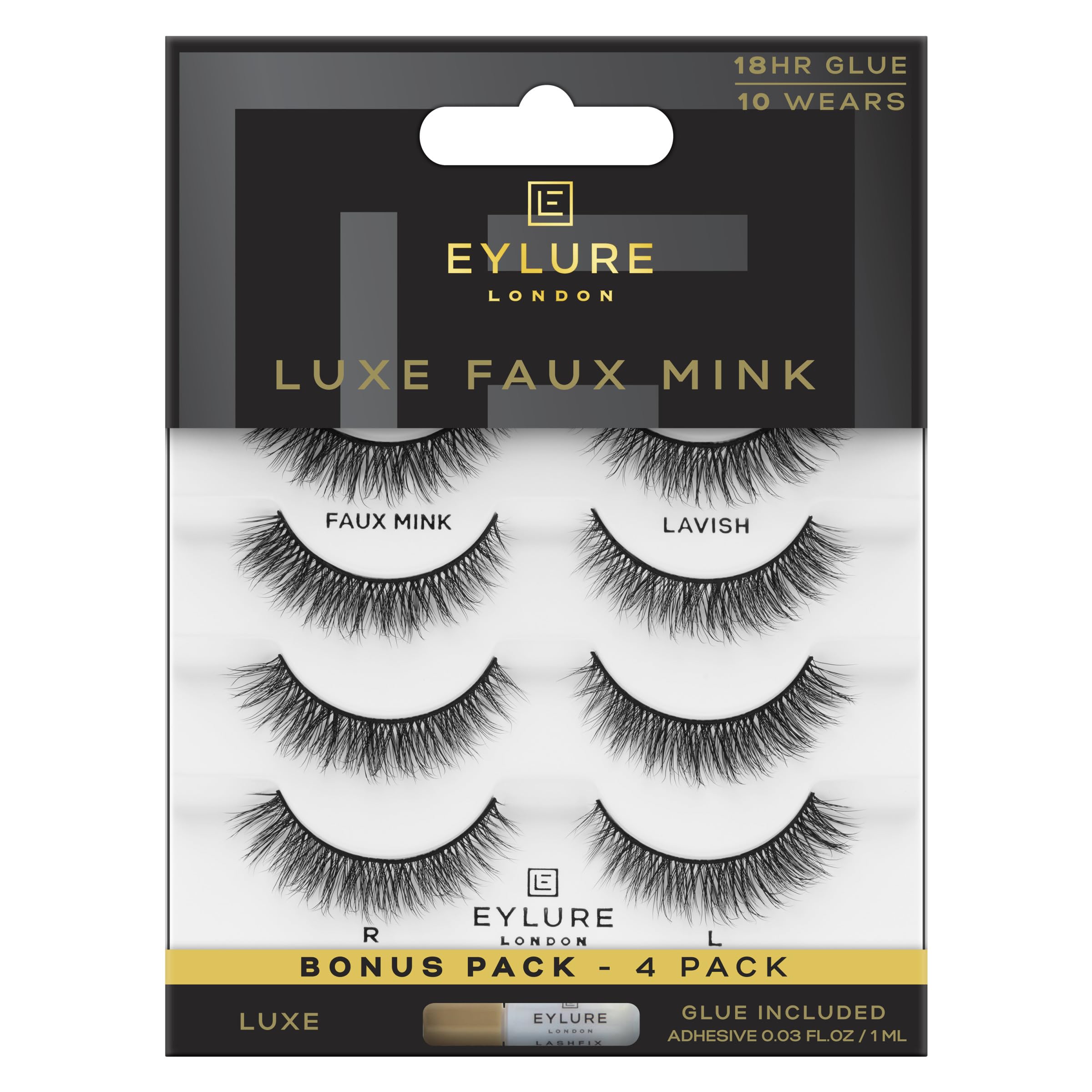 Eylure Luxe Faux Mink False Lashes - Natural Lavish 4 Pairs Bonus Pack Glue Included 10 Wears