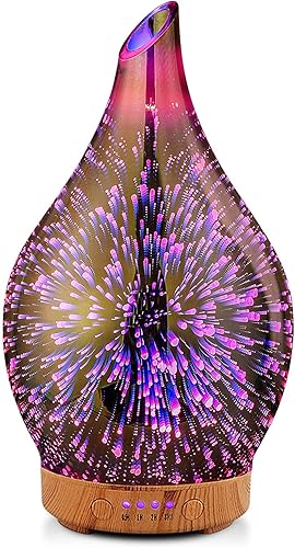 Porseme Difusor de aceite esencial 3D de vidrio de fuegos artificiales humidificador ultrasónico de aromaterapia oro rosa, apagado automático,