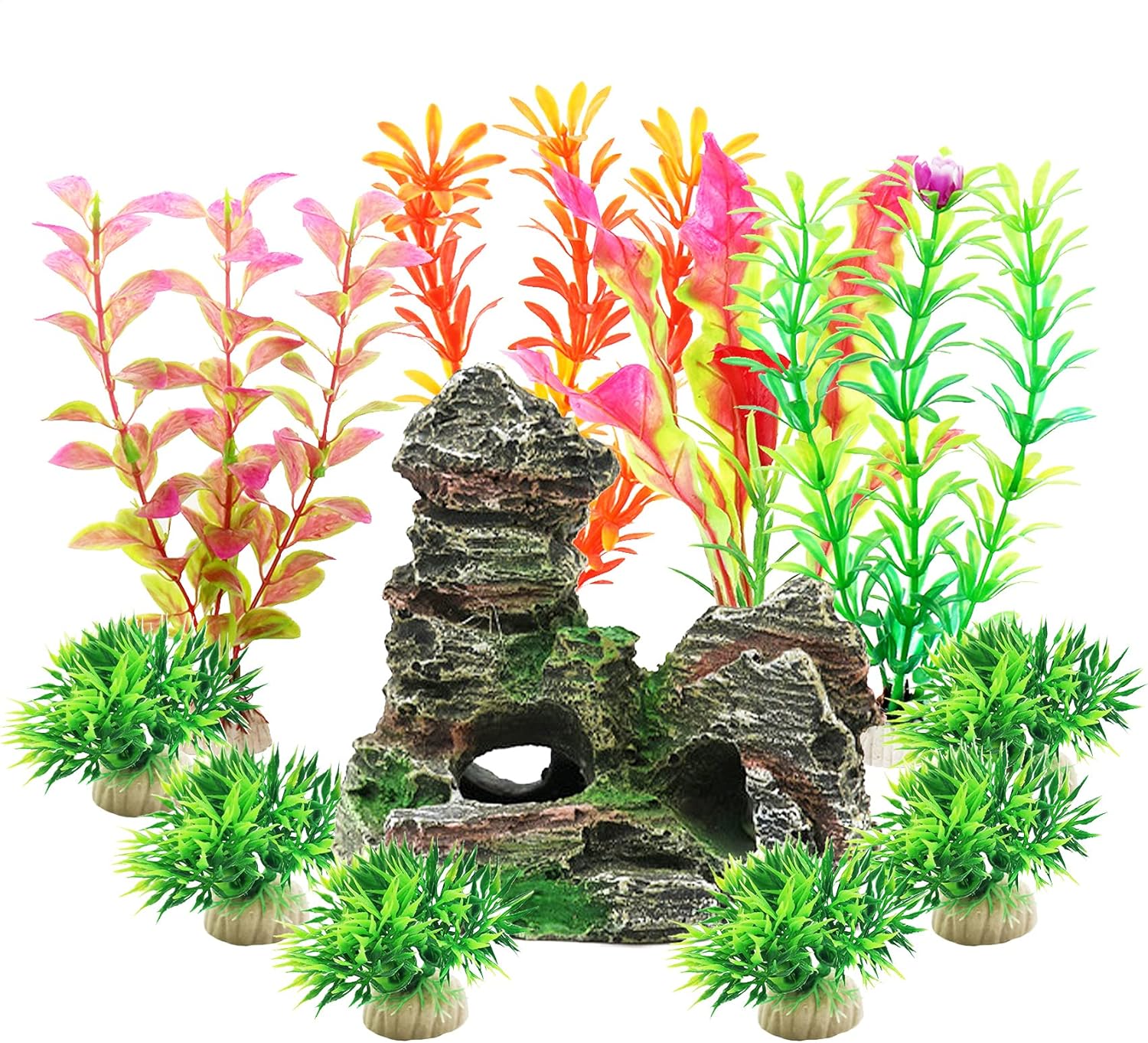 EQGG 11 PCS Aquarium Artificial Plant with Rock Stone Hideout, Plastic