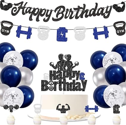 Gym Happy Birthday Banner - Black & Gold Glitter Fitness Themed Party Decorations - View #9
