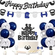 Gym Happy Birthday Party Decoration Blue Silver Fitness Themed Birthday Decor Banner Glitter Workout Weight Lifting Theme Party Supplies with Cake Toppers Cupcake Toppers Balloons for Men Boys