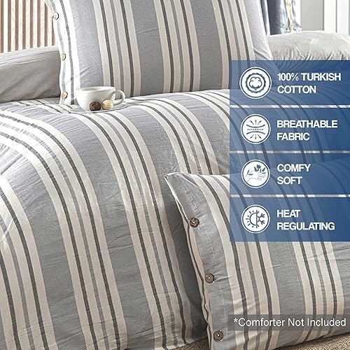 Miniatura 3 de Lavien Home, Gris - Juego de funda nórdica 100% algodón a rayas, lino natural y lavado, 1 funda de edredón con 2 fundas de almohada, suave y de