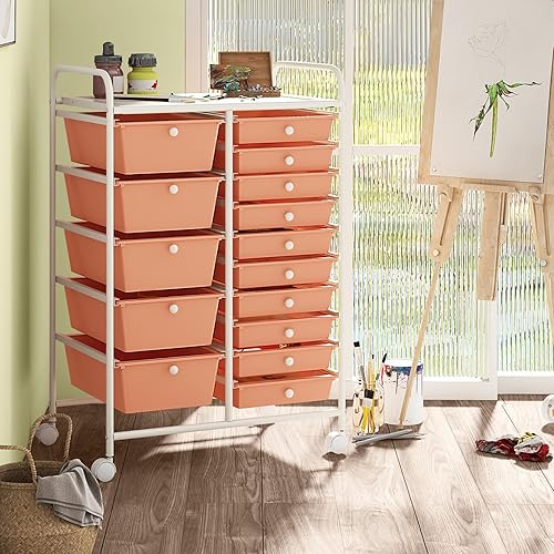 Miniatura 9 de HAPPYGRILL Carrito de almacenamiento con ruedas de 10 cajones, carrito organizador de almacenamiento con ruedas bloqueables, carrito de utilidad