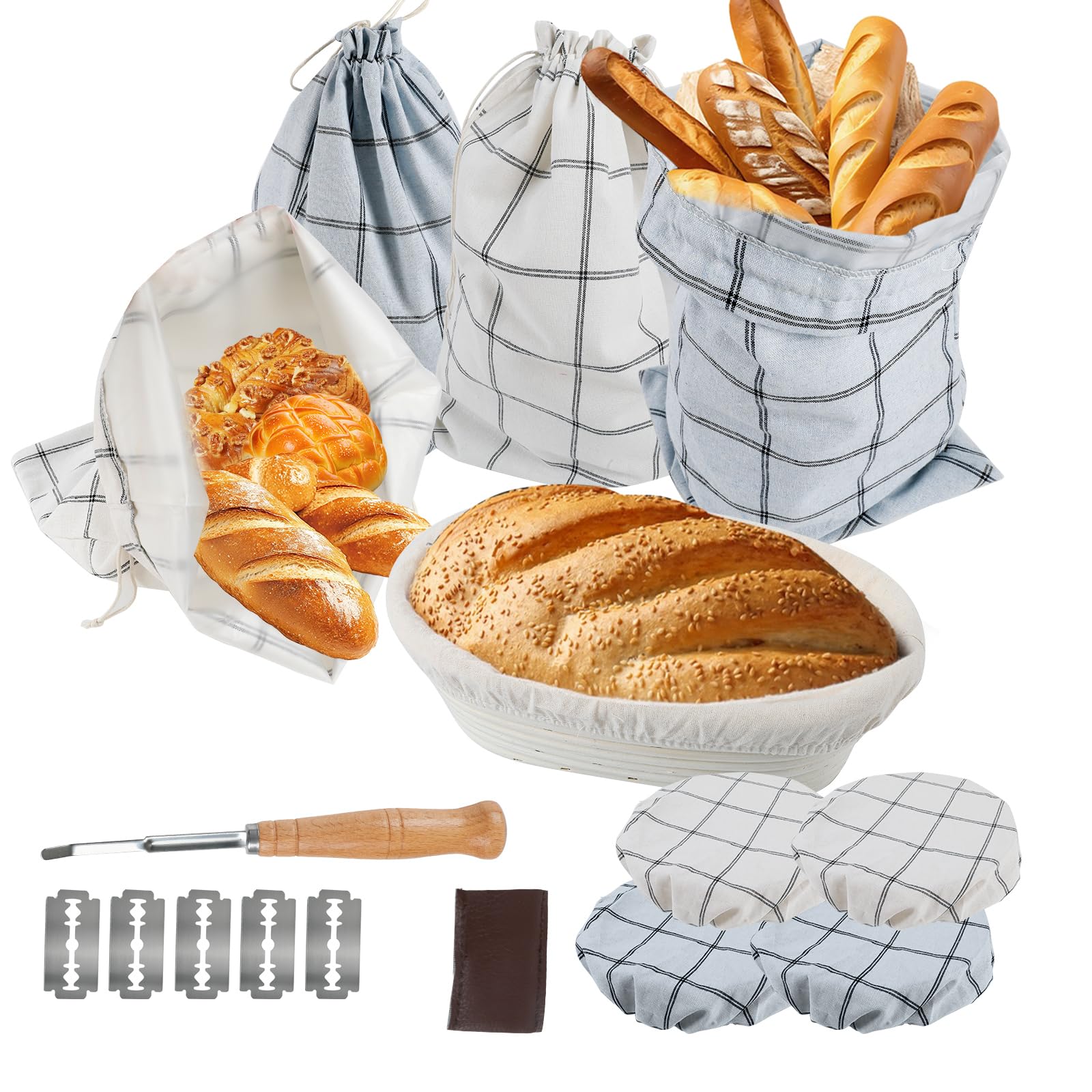 Set completo di cestini per lievitazione del pane, kit completo con 4 sacchetti per il pane, 4 coperchi per ciotole, 1 lama per segnare e accessori, lavabile e riutilizzabile per gli appassionati di