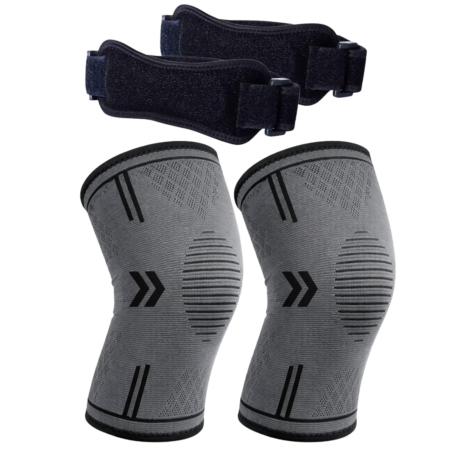 Knee Support Kit (4 Pack) – 2 Compression Knee Sleeves + 2 Adjustable Knee Straps for Sports, Gym, Work & Daily Support (Large)
