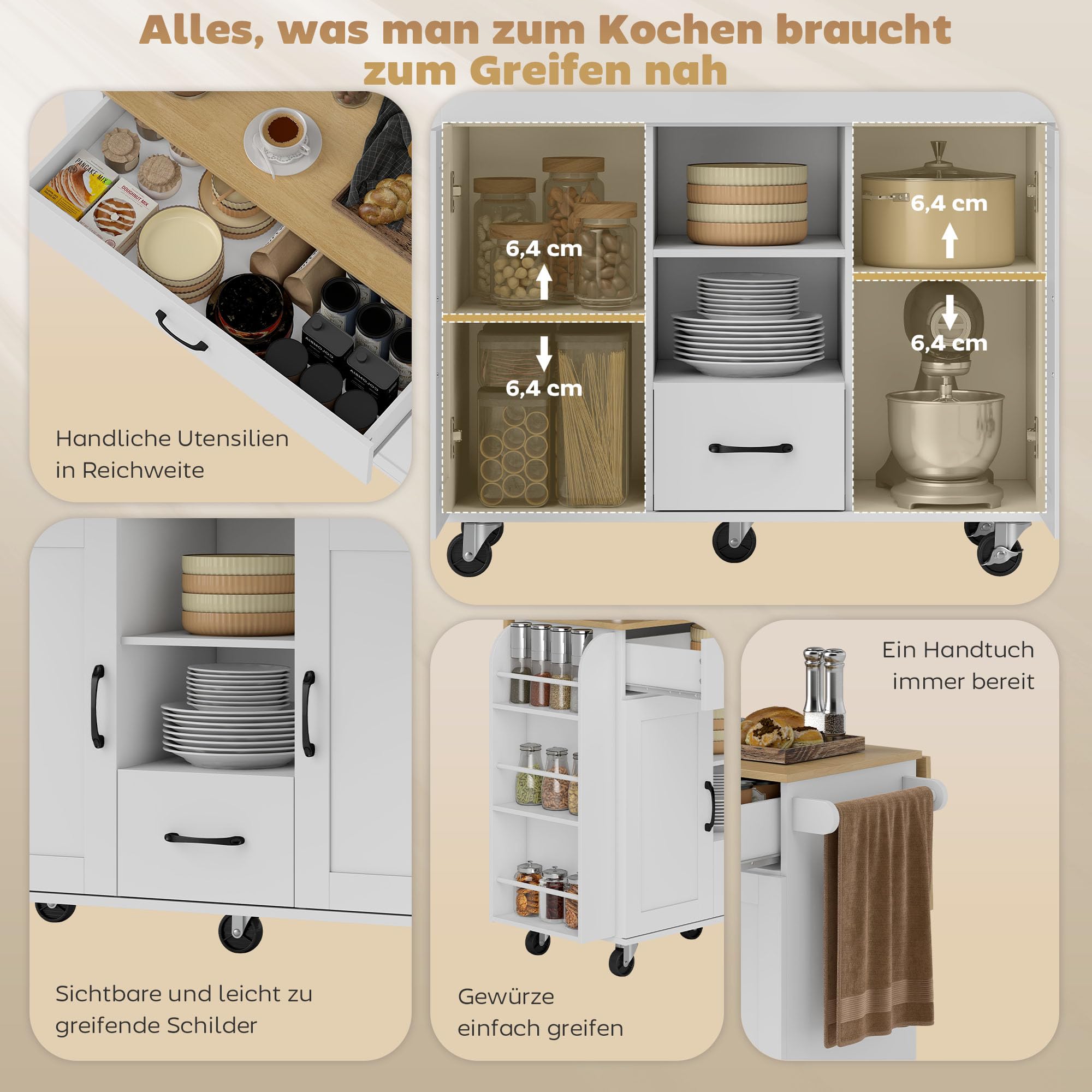 HOMCOM Kücheninsel Küchenwagen auf Rollen mit 2 Schubladen, 2 Soft-Close-Türe, ausklappbare Arbeitsfläche, Servierwagen mit Gewürzregal, Handtuchhalter, verstellbaren Regalen 115x40(70) x89 cm Weiß