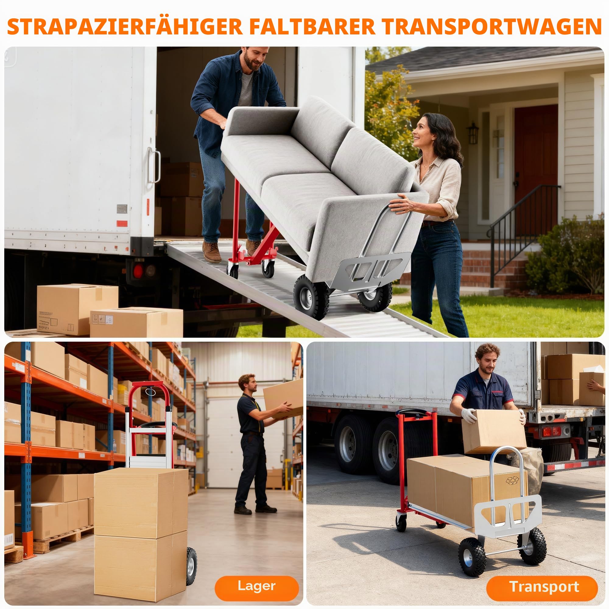 3-in-1 Sackkarre Klappbar Aluminium Mit Rädern & Elastischem Spanngurt, Tragkraft 350 kg, Transportkarre & Plattformwagen Faltbar Für Zuhause Lager Supermarkt Büro, Rot