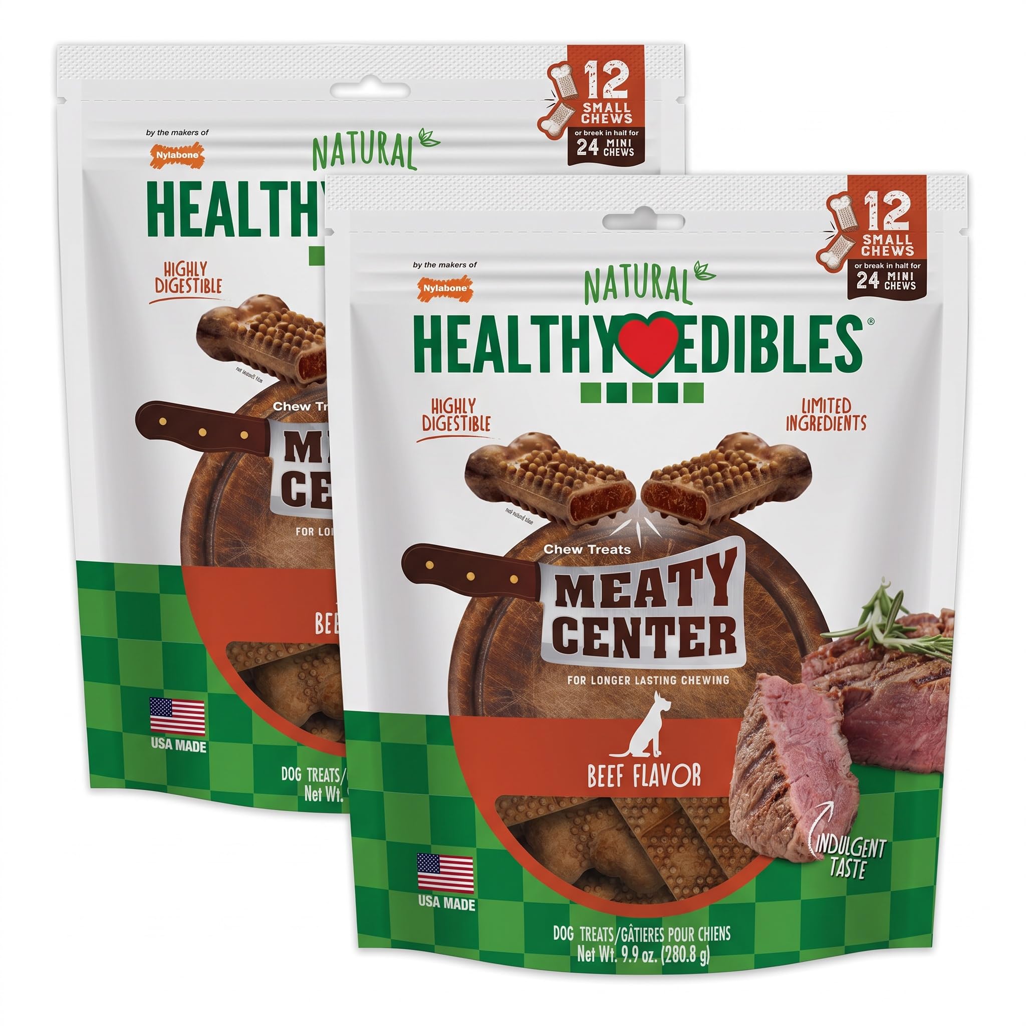 Nylabone Healthy Edibles Natural Dog Chews Long Lasting Meaty Center Beef Flavor Treats for Dogs, Small (12 Count) (Pack of 2)