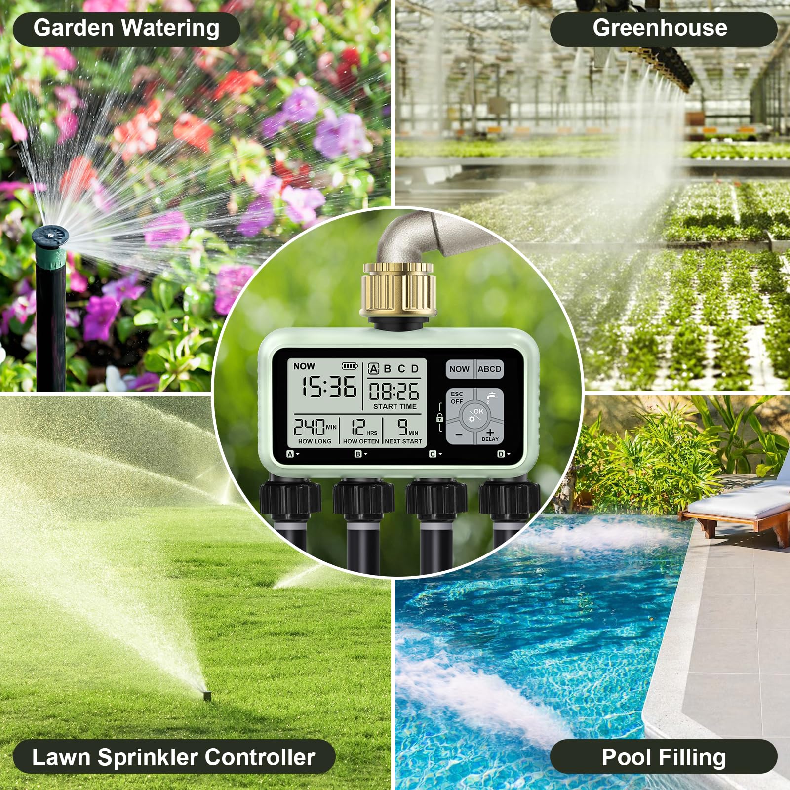 Temporizador de Riego de 4 Zonas con Entrada de Latón, Temporizador de Aspersor, Temporizadores Programables para Grifo de Manguera de Jardín Exterior con Retardo de Lluvia/Manual/Automático Sistema