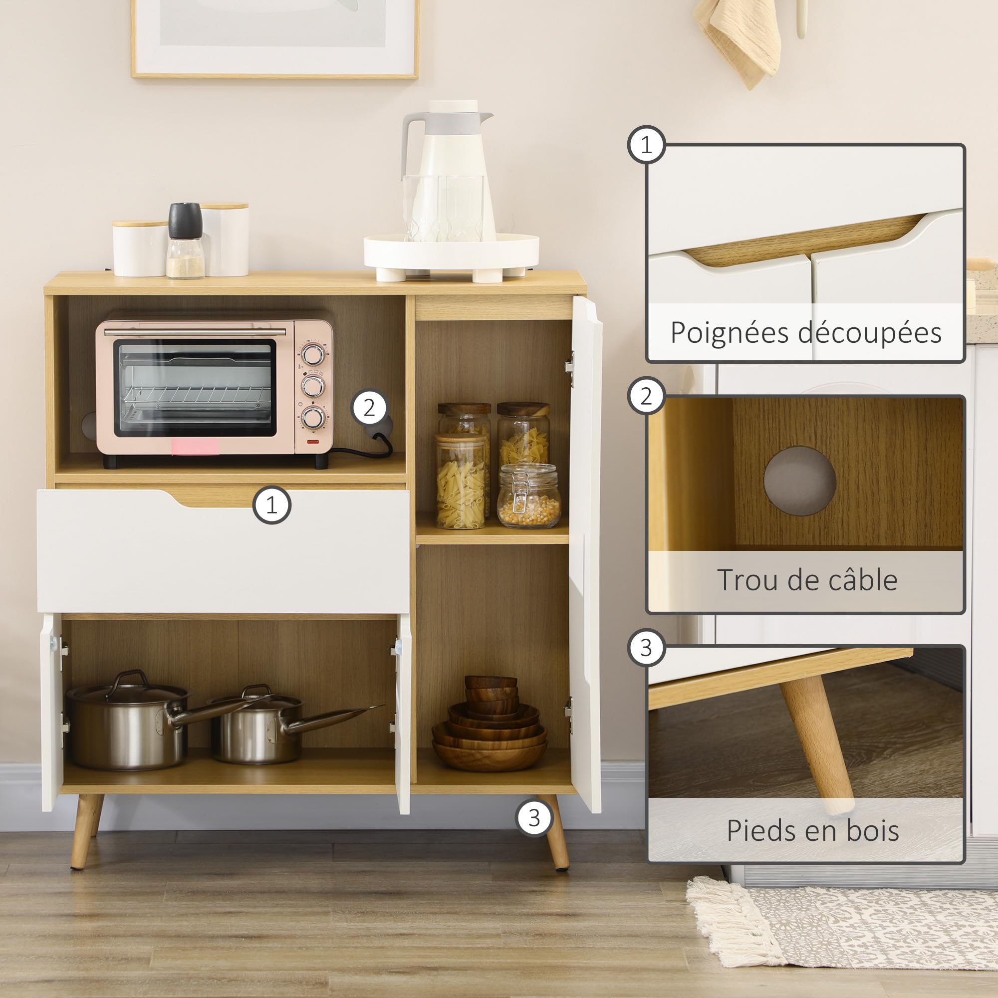 HOMCOM Meuble Micro-Ondes Buffet Micro Onde 90x40x98,5 cm Naturel Blanc