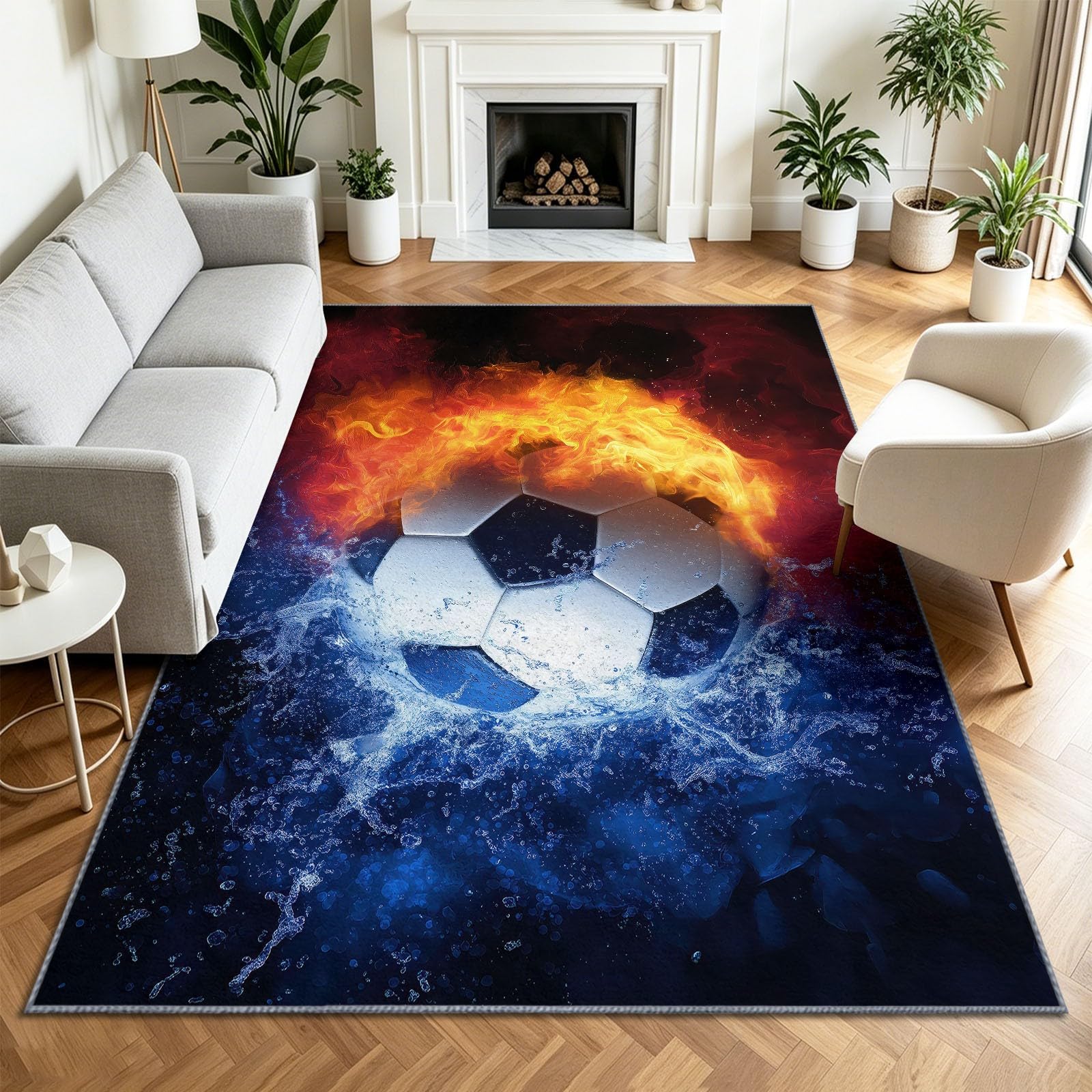 Fantasy Art - Alfombra antideslizante para sala de estar, 100 x 160 cm, alfombra de suelo, color negro y blanco, pelota de fútbol, lavable, pelo bajo, para sala de estar, dormitorio, comedor