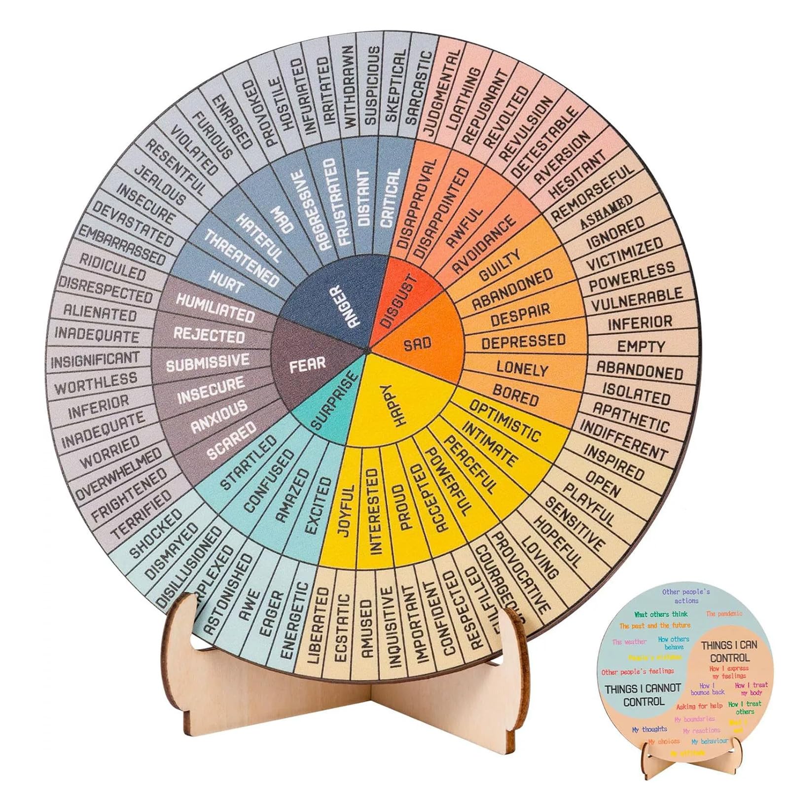ZALAOR Feelings Wheel Spinner for Men Woman- Double-Sided Wooden Emotion Wheel with Stand โ Feelings Chart for Emotional Regulation & Mental Health โ Desk Decor for School, Office & Home