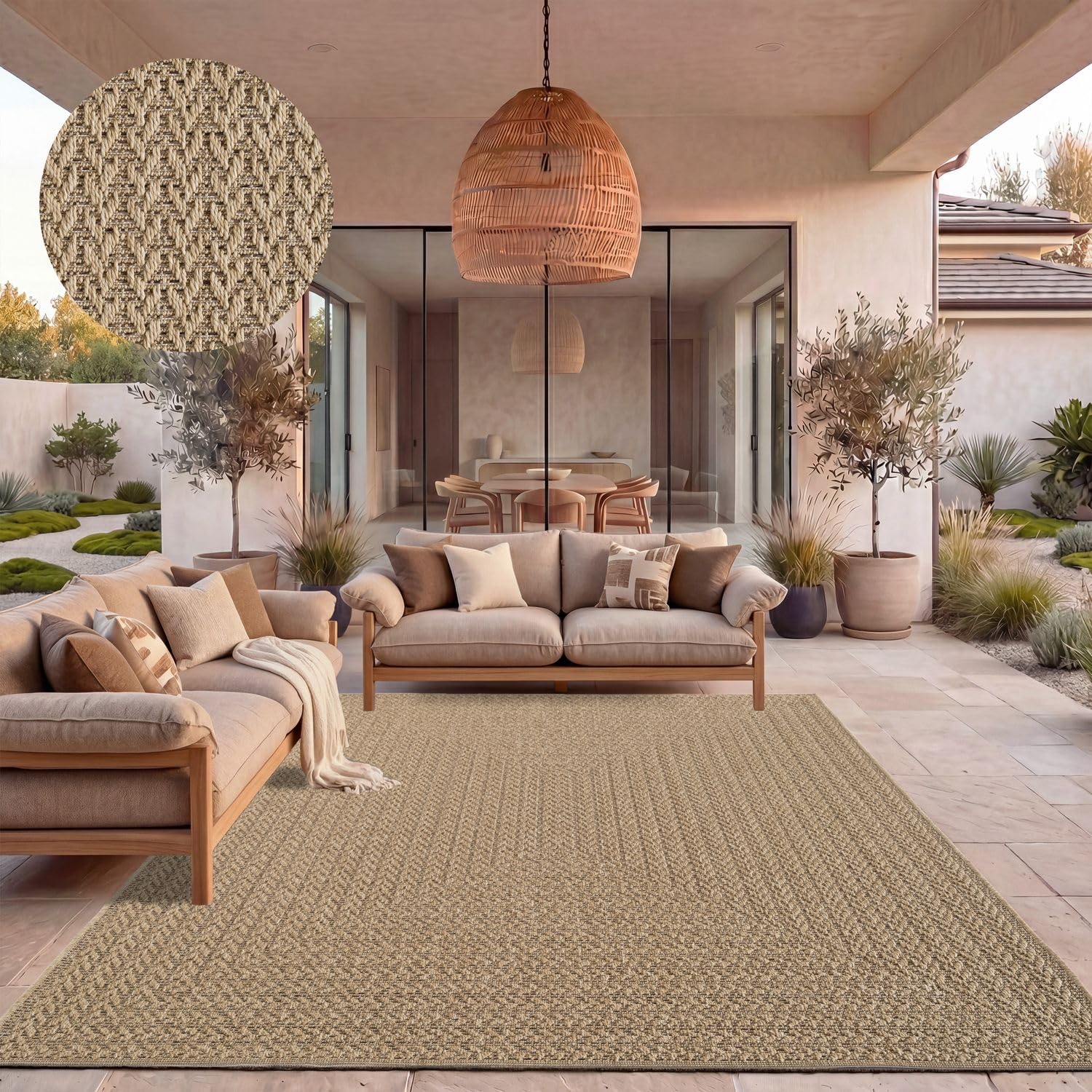 TT Home Outdoor Teppich Wetterfest Garten Schlafzimmer Flur Natürlicher Sisal Look Geometrisches Boho Design Modern Unifarben, Größe:240x340 cm