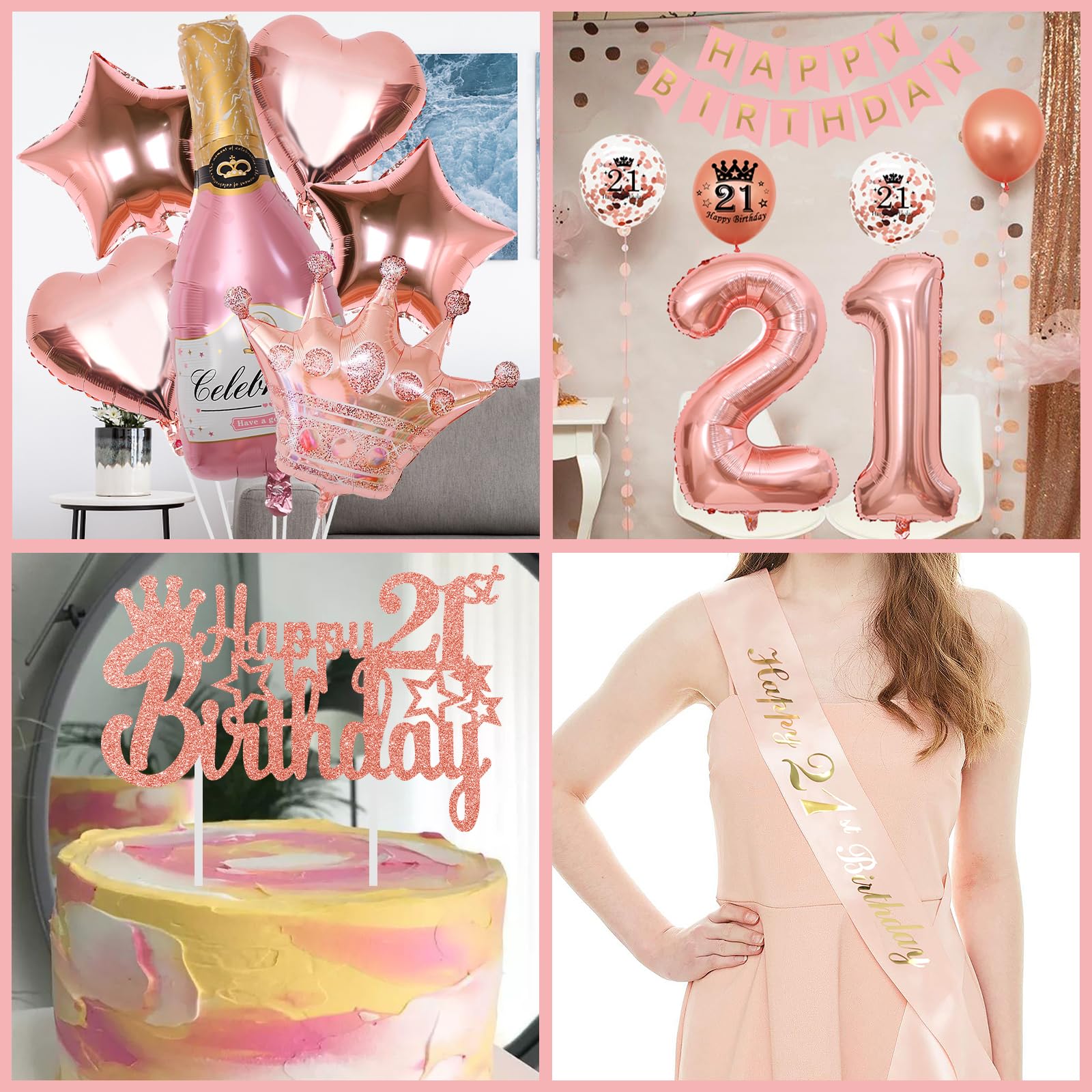 Decorazione Compleanno 21 Anni Oro Rosa – Set 9 Pezzi Centrotavola A Nido D'Ape Con Scritta 'Ciao Ventuno' E Palloncini, Festa Ragazza, Tema Glamour - 3
