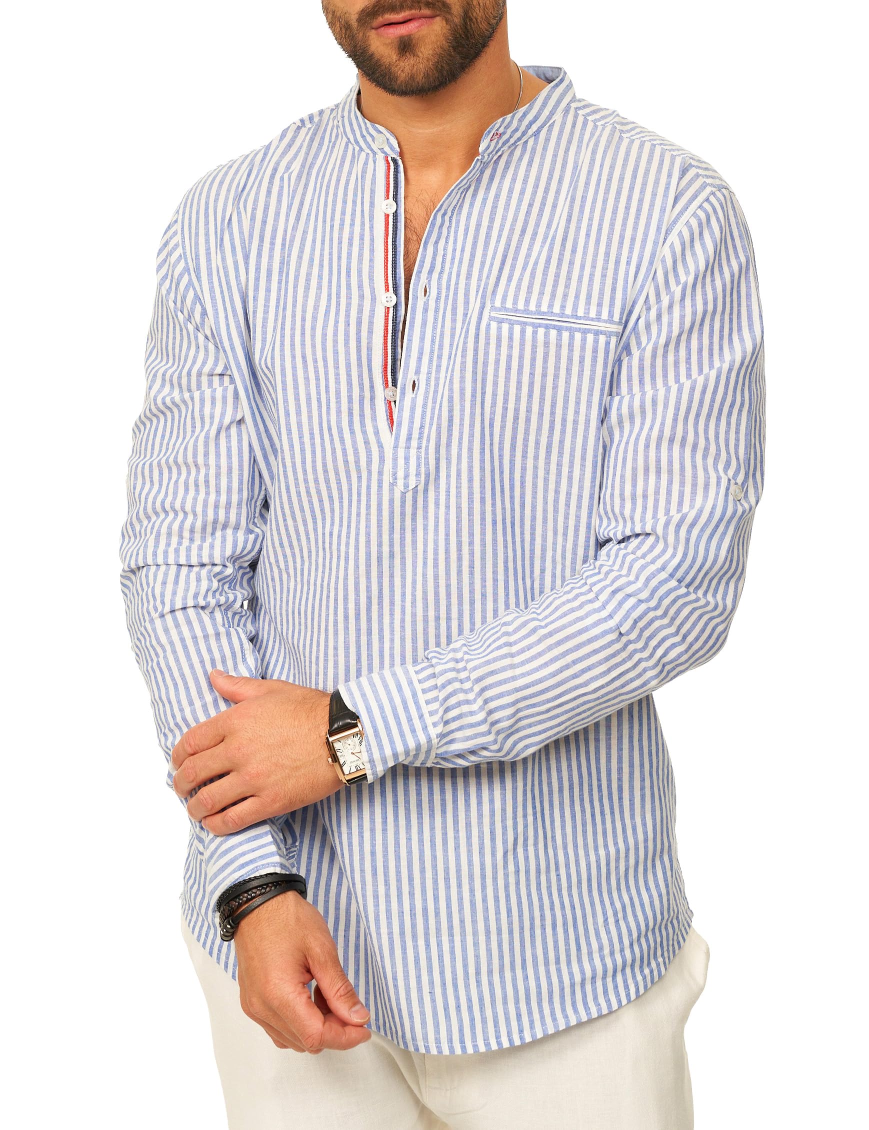 behype. Herren Leinenhemd als Langarmhemd Gestreift - Freizeithemd im Regular-Fit mit Henley Stehkragen Sommerhemd - Strandhemd im Sommer-Look für Männer