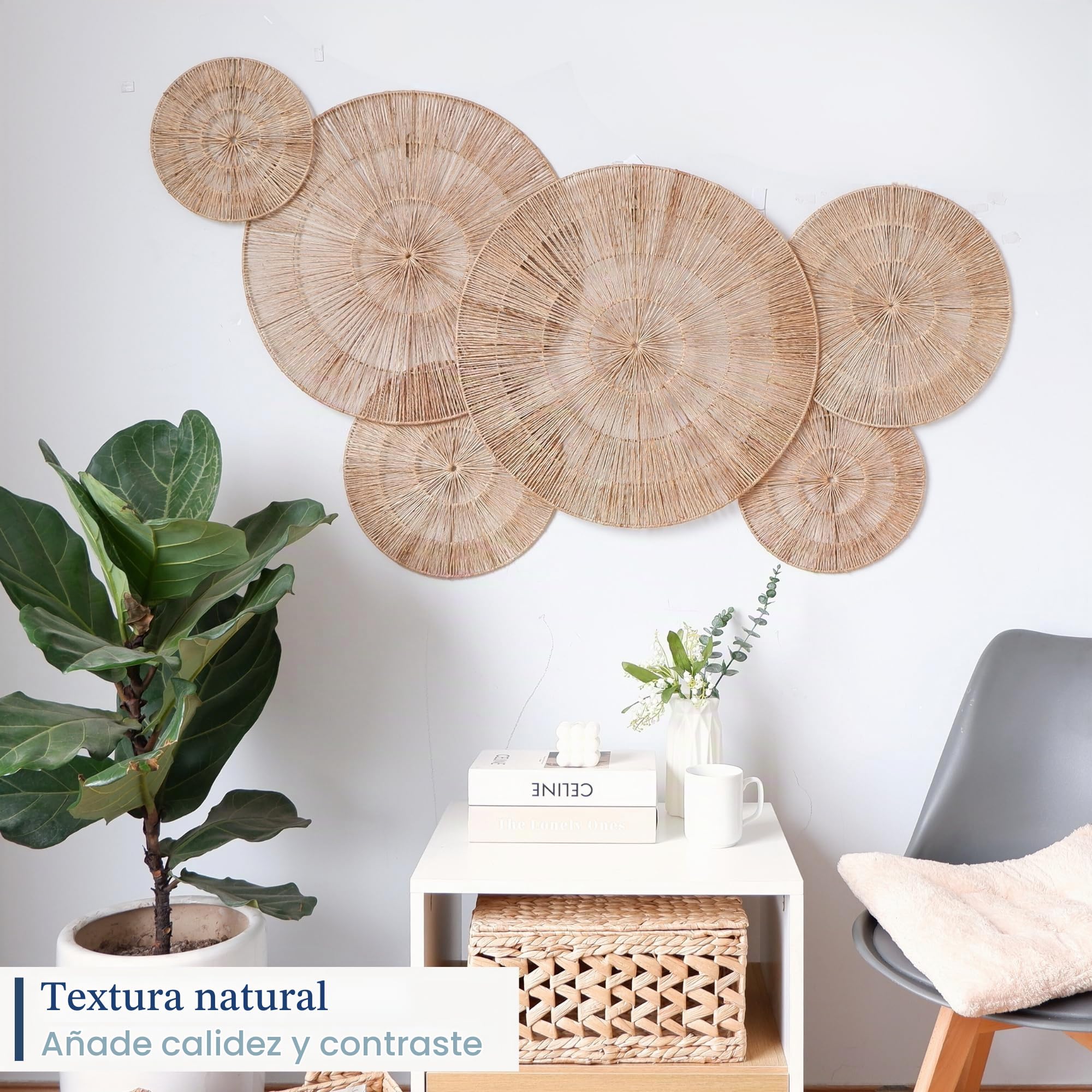 Chi An Home Decoración de pared de mimbre y yute, juego de 6 placas tejidas, cestas decorativas para arte de pared, colgar en dormitorio, sala de estar