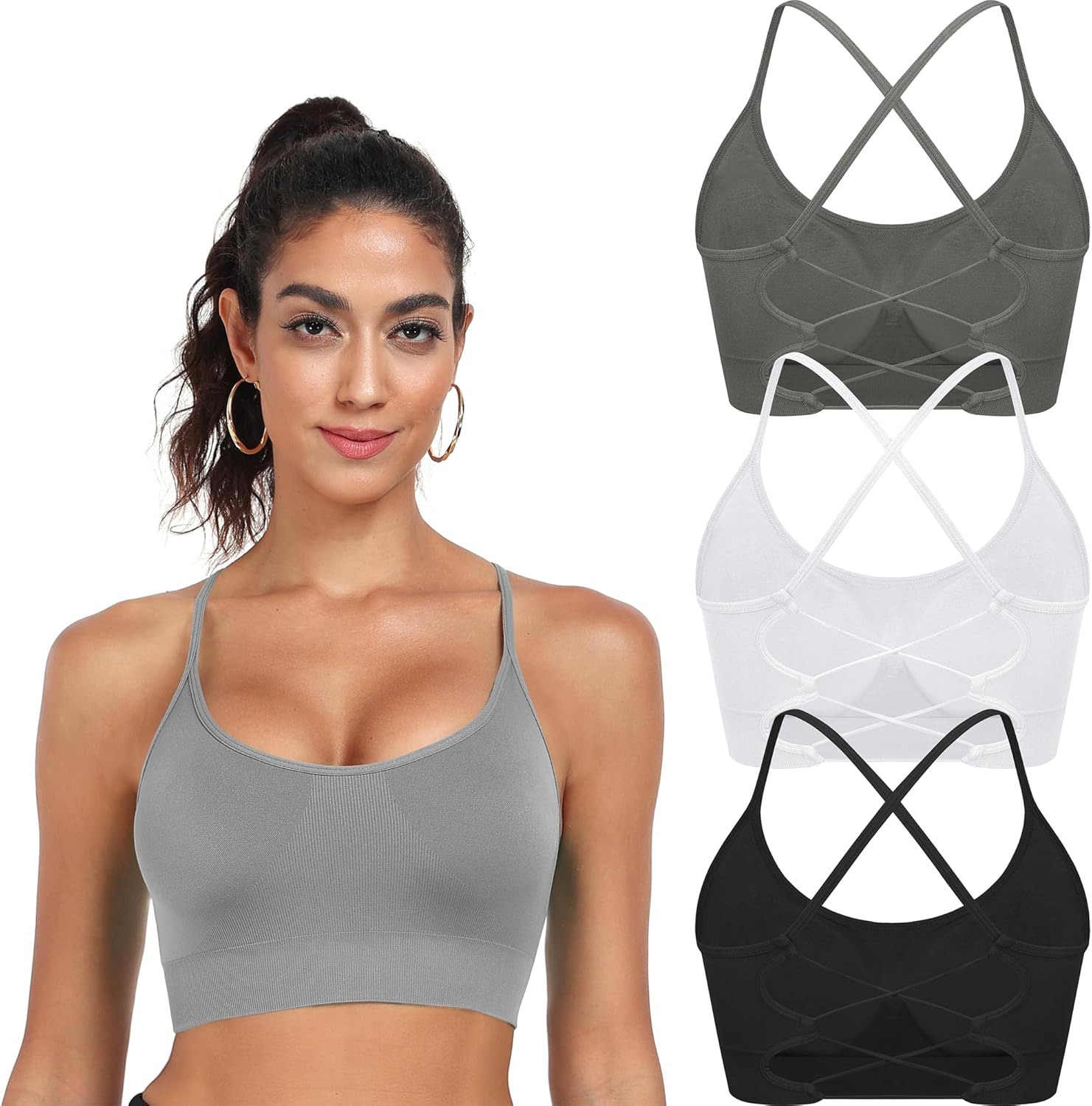OBICUM Sports Bra for Women with Crisscross Spaghetti Straps and Removable Padded Cups Seamless Back Suitable for Yoga Bras