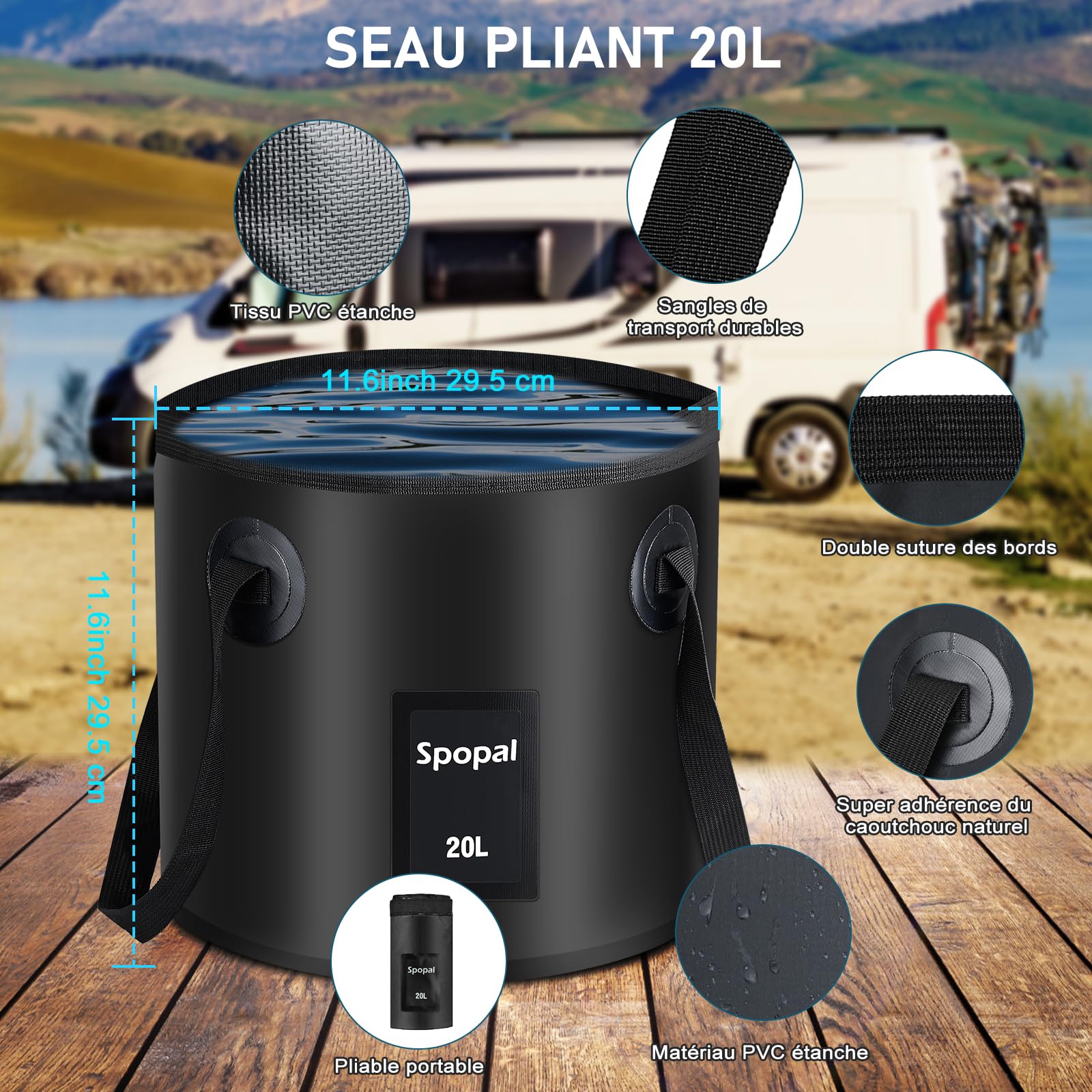 Spopal Camping Douche Portable, Kit Douche de Camping,Rechargeable,6000mAh, avec Seau Pliable 20L,Afficheur Intelligent et Pomme de Douche 4 Modes pour Extérieure,Camping