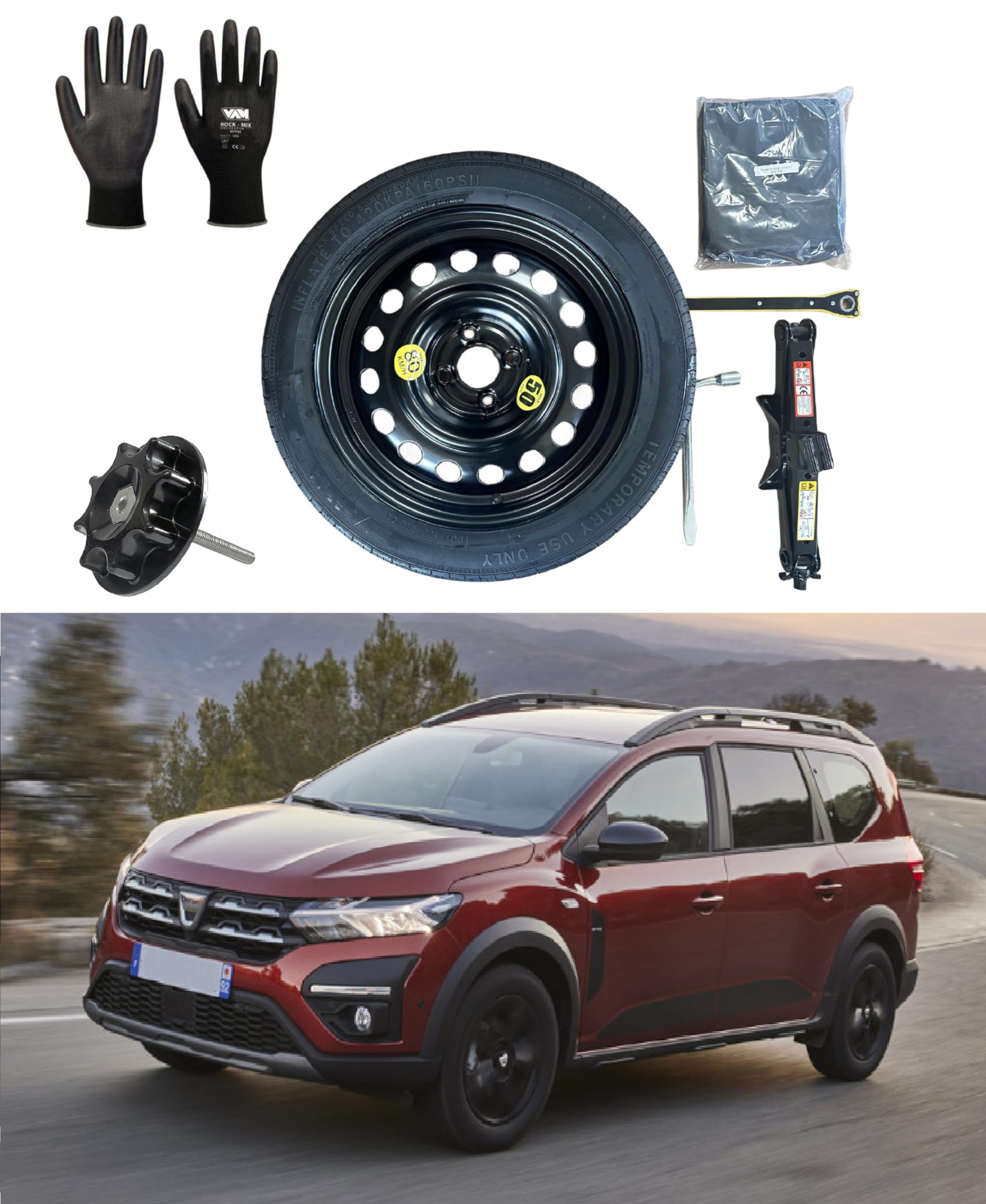 Zestaw kół zapasowych 16" kompatybilny z Dacia Jogger z podnośnikiem, kluczem, śrubą, rękawiczkami i workiem 135/90R16