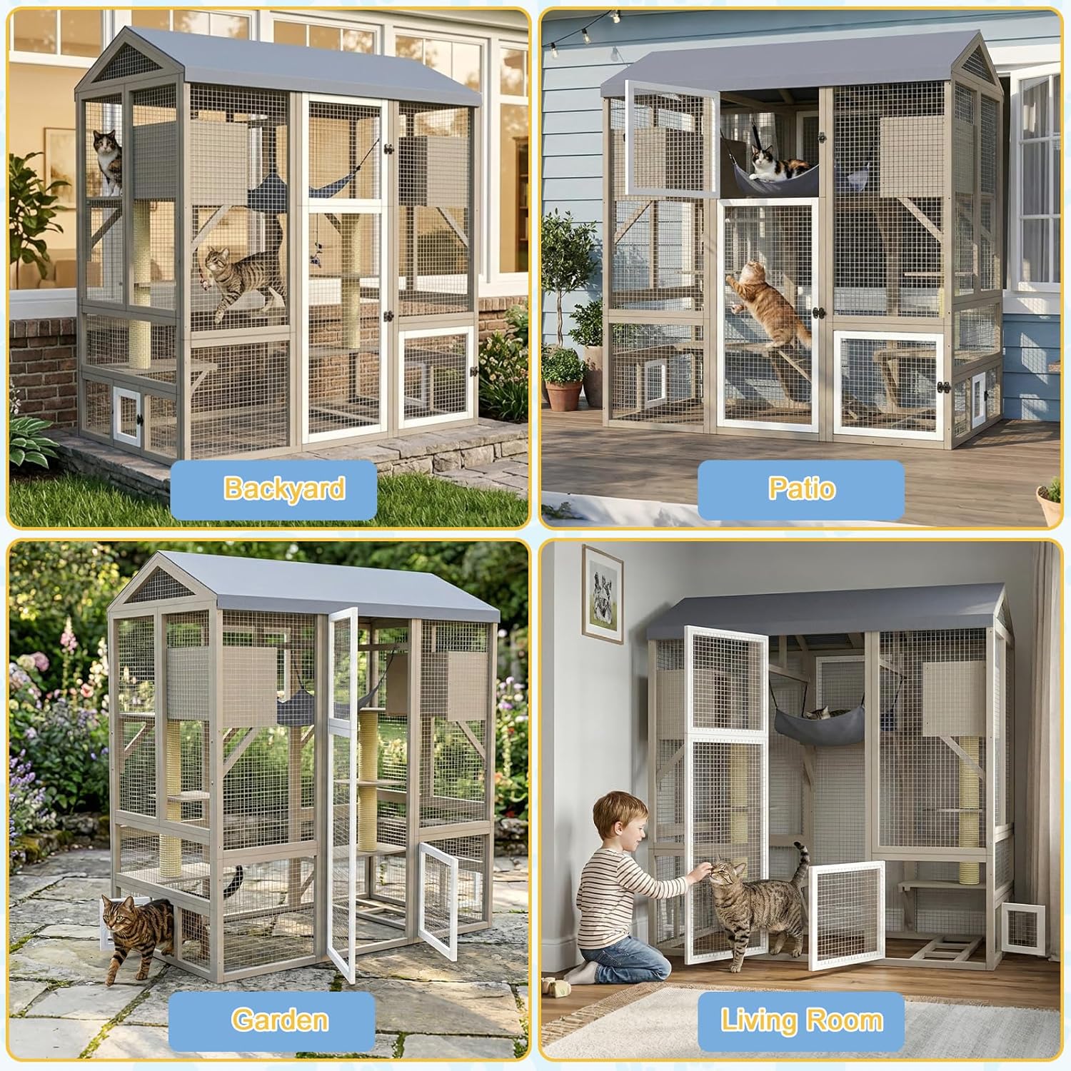 Ketive Catio Outdoor Cat Enclosure Large Walk-in Cat House with Gable Roof, Multi-Level Platforms, Cat Hammock & Litter Box Shelf, Elevated Wooden Cat Shelter for Multiple Cats