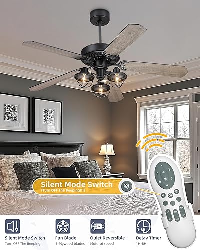 Miniatura 5 de YOUKAIN Farmhouse - Ventiladores de techo de madera, ventilador de techo industrial de 52 pulgadas con 3 luces y control remoto, 5 aspas reversibles