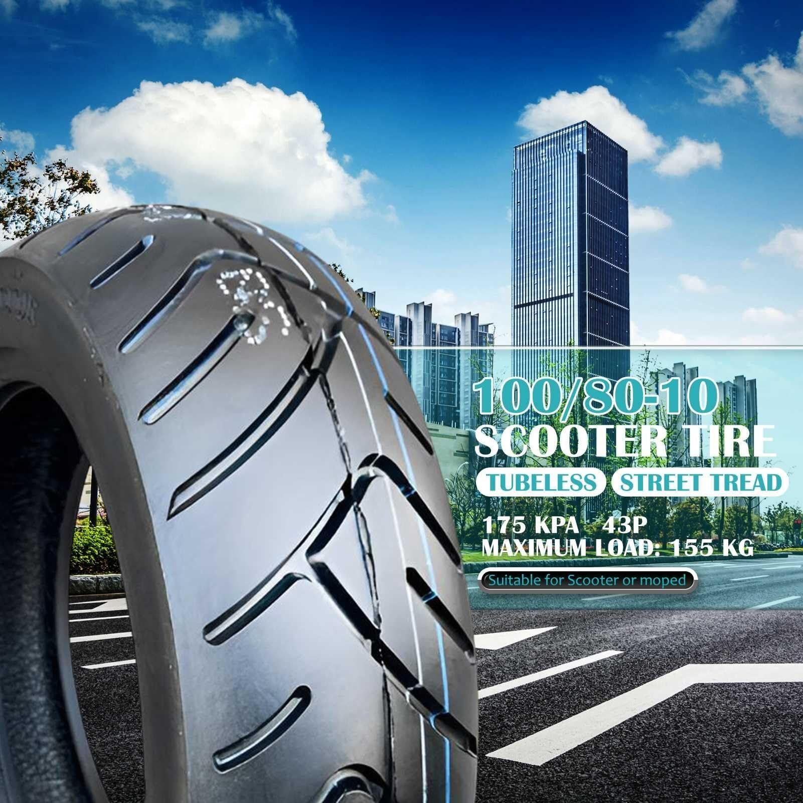 100/80-10 Opona Bezdętkowa, Opona Do Jazdy Asfaltowej o Niskim Opórze toczenia do Motocykla 4 PR 42P 175 kPa 155 kg Odporna na Zużycie Przeciwwypadowa do Skutera Przednia lub Tylnia Zamiennik