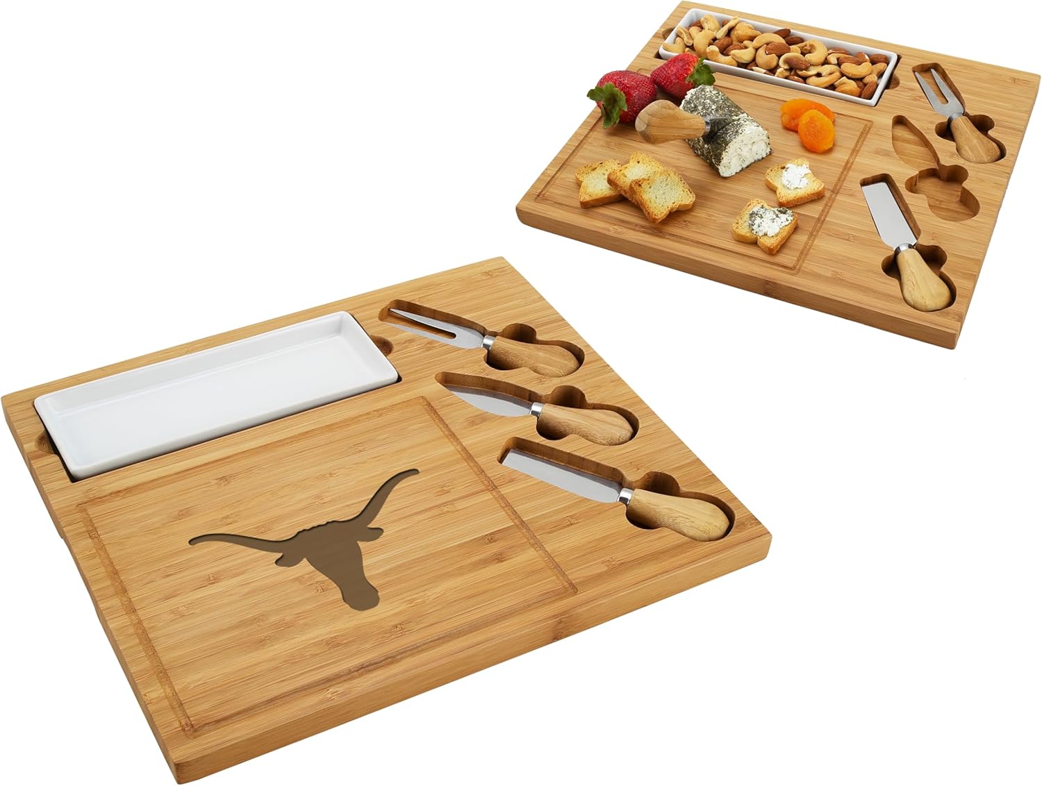 NCAA Texas Longhorns Officially Licensed Bamboo Cheese/Charcuterie Board with Knife Set & Cheese Markers by Picnic at Ascot