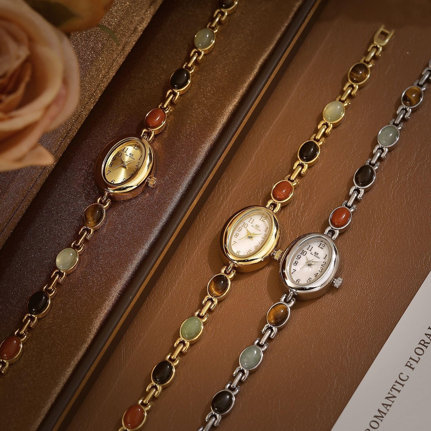 MASTOP Luxury Vintage Colorful Amber Cat's EyeOval Watch Fashion Ladies Small Dial Dress Quartz Wrist Watch Waterproof Watch Fashion Bangle with Stainless Steel Band - Image 2