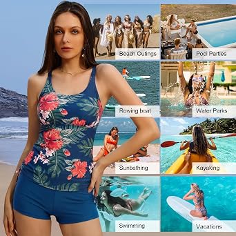 JASAMBAC Women's Strappy Tankini Swimsuits Drawstring Bathing Suits Two Piece Floral Print Swimwear with Shorts