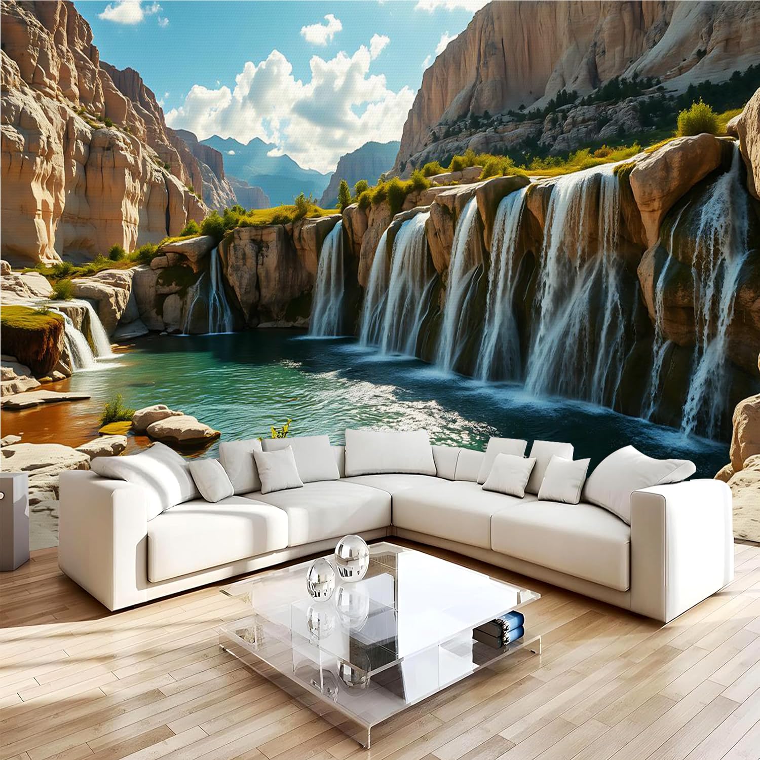 Carta da parati effetto 3D Cascata Montagna 300 x 210 cm Murale Non Tessuto Natura Paesaggio Fotomurale Stampa HD Moderna Poster Per Soggiorno E Camera Da Letto Design 2M1844