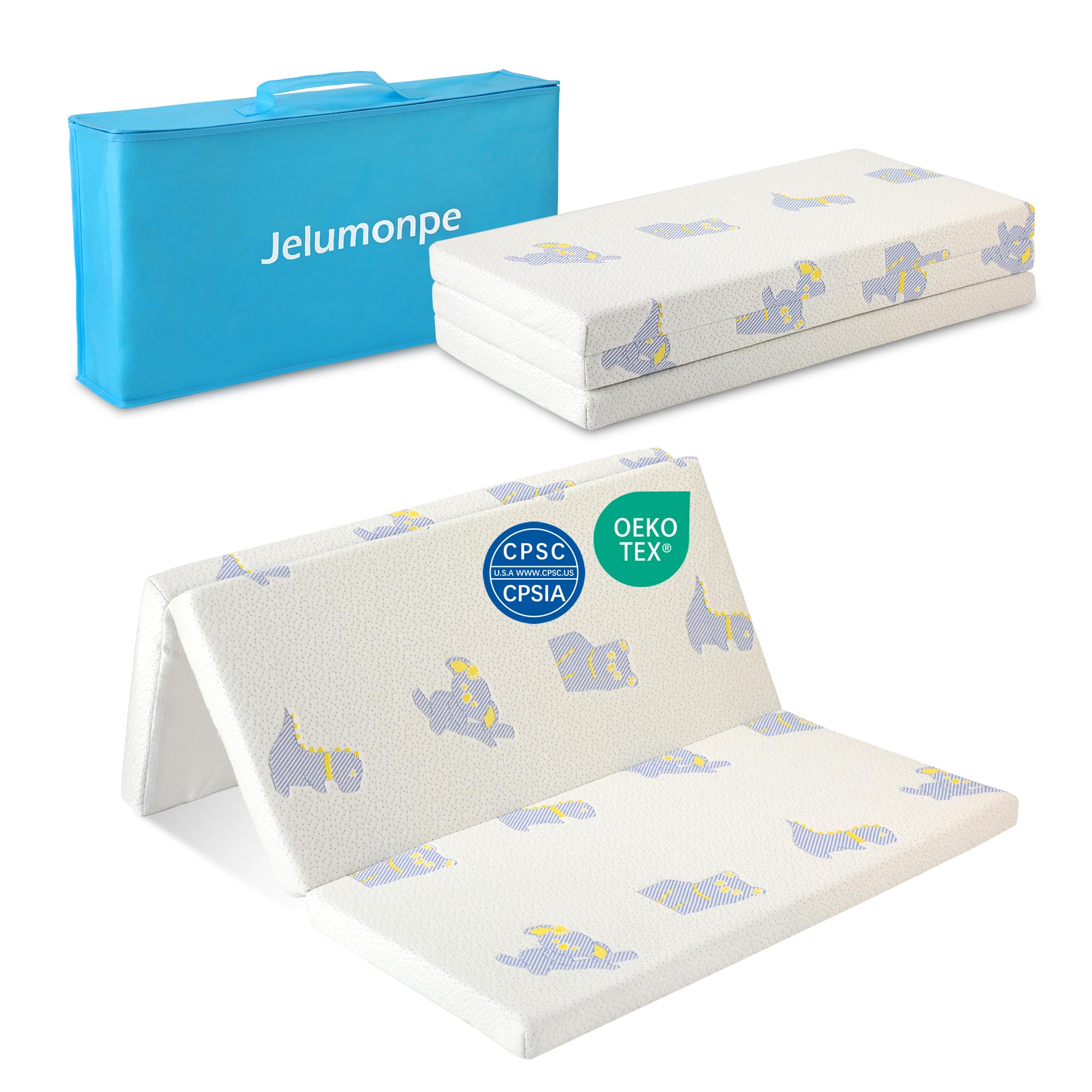 Jelumonpe Pack and Play Mattress 38"x26"x1.5",Trifold Portable Pack n Play Mattresses with Carry Bag，Waterproof Playpen Crib Mattress with Soft