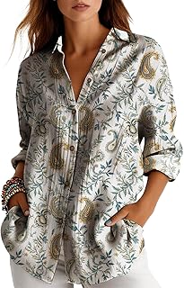 Women's Vintage Paisley Print Shirt Long Sleeve V Neck Button Down Shirts Fall Casual Lightweight Streetwear Blouse