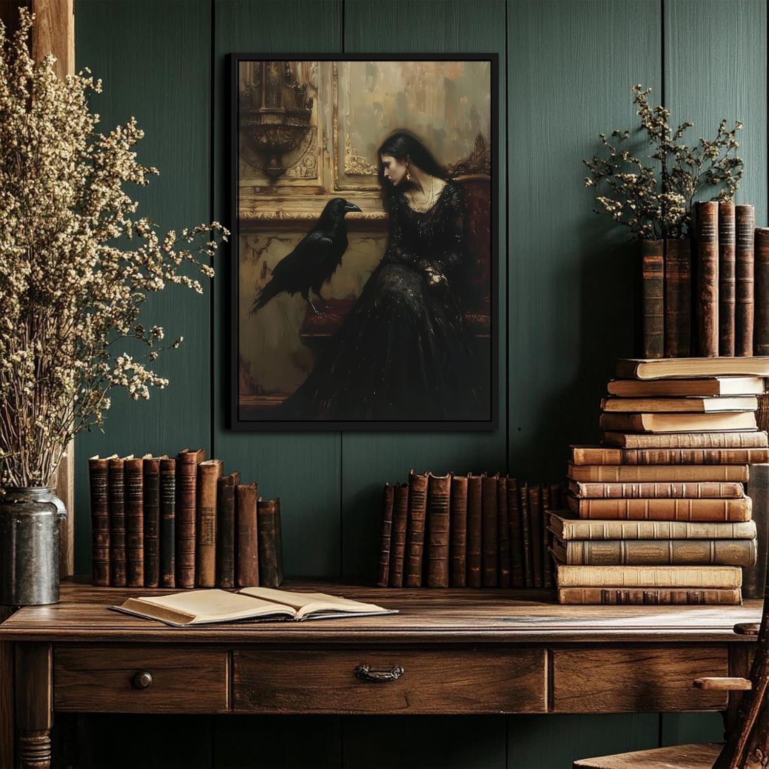 Framed Vintage Gothic Woman and Raven Wall Art Dark Academia Painting Wall Decor Moody Victorian Woman Prints Dark Victorian Goth Pictures Gothic Raven Artwork for Lving Room Bedroom 16x24 Inch