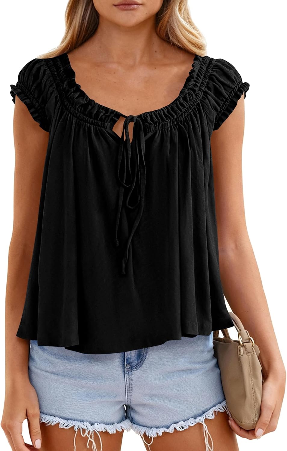 PRETTYGARDEN Women Babydoll Tops 2026 Summer Clothes Cap Sleeve Tie Front Flowy Tank Top Peplum Blouses Cute Going Out Shirts - Image 6