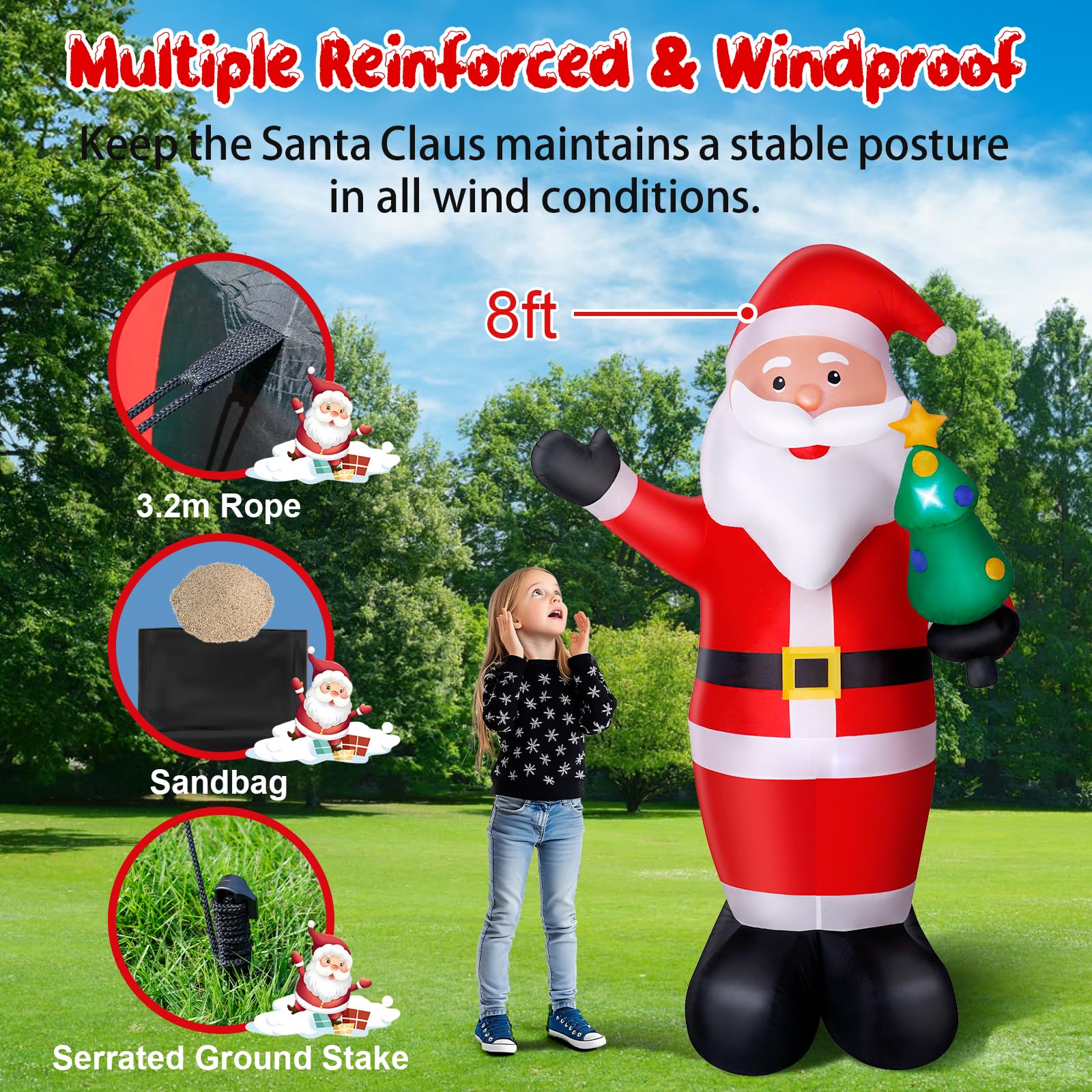 Wothfav Babbo Natale Gonfiabile, 244cm Decorazione Natalizia con Luci LED, Modello di Santa Claus con Kit Fissaggio, da Esterno Impermeabile IP44