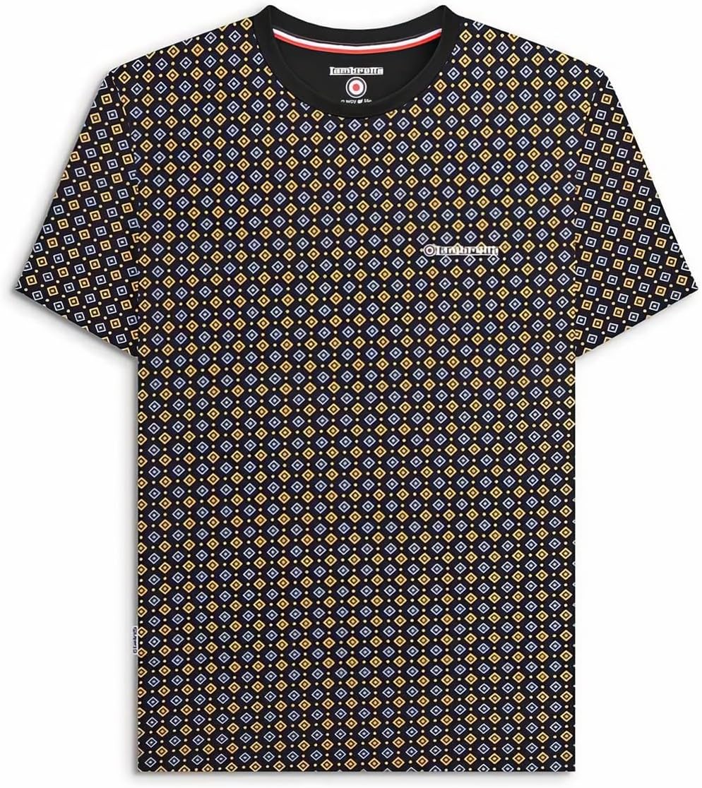 Lambretta Mens Black Gold Geometrical Print Retro Mod T-shirt