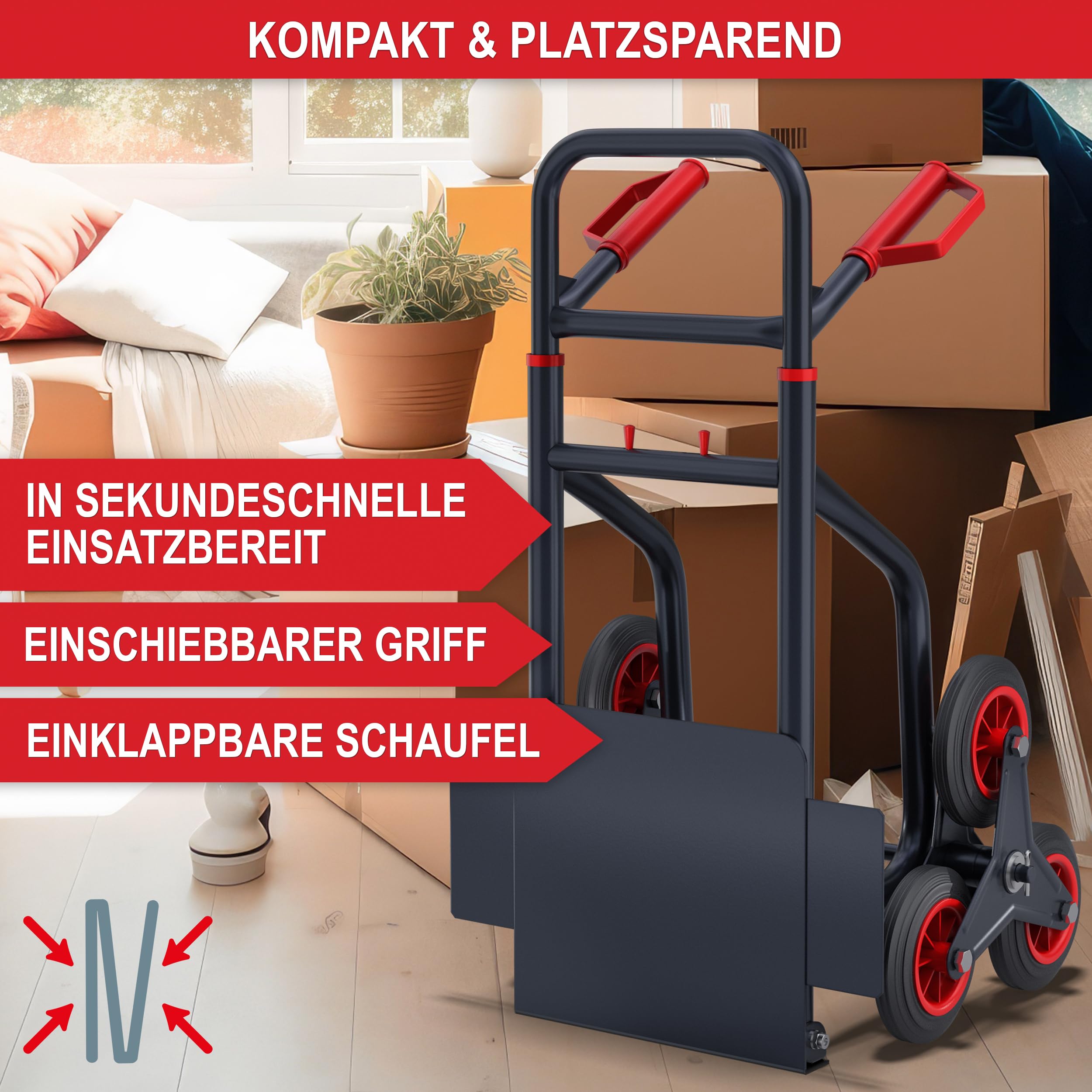 ONBEST Treppensackkarre klappbar 150 kg 3-Fach Reifen | Sackkarre und Treppensteiger mit Stahlrahmen, XL-Schaufel, Hartgummi-Reifen und Handgriffen