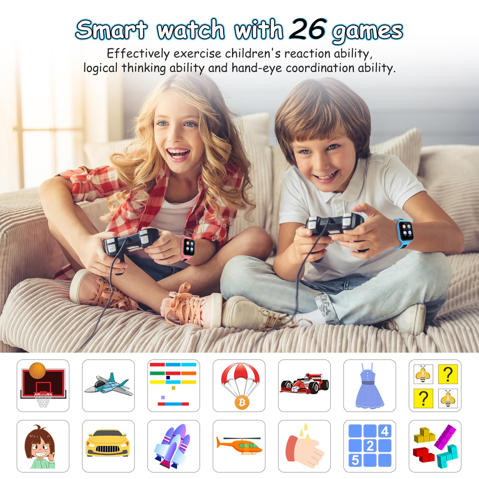 Kinder Smartwatch, Smartwatch Kinder Telefon mit SIM Karte Anruf SOS 26 Spiele Kamera Musik MP4 Schrittzähler Wecker Taschenlampe Recorder, Kinderuhr für Jungen Mädchen Student 4-12 Jahre Geschenk