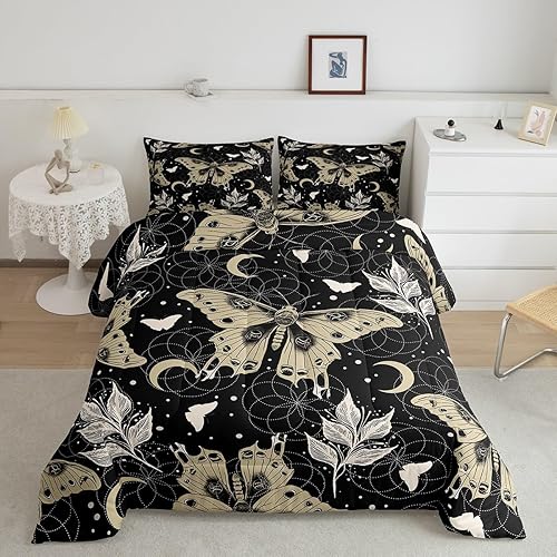 Juego de edredón bohemio con diseño de mariposa y polilla de la muerte, juego de ropa de cama individual con luna estrellada, edredón geométrico en