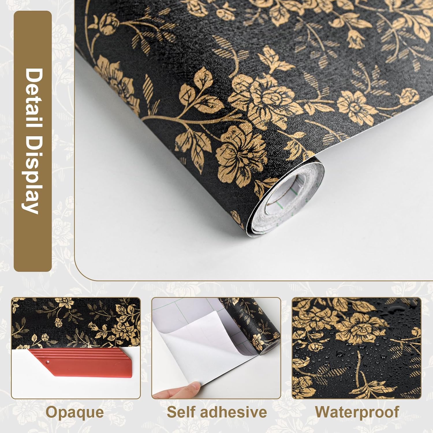 Cohoo Home Black Gold Peel and Stick Wallpaper Floral Flower Gold Contact Paper for Cabinets Mural Moody Vintage Self-Adhesive Removable Wallpaper for Bedroom Bathroom Waterproof Dark 17.3inW 197inL
