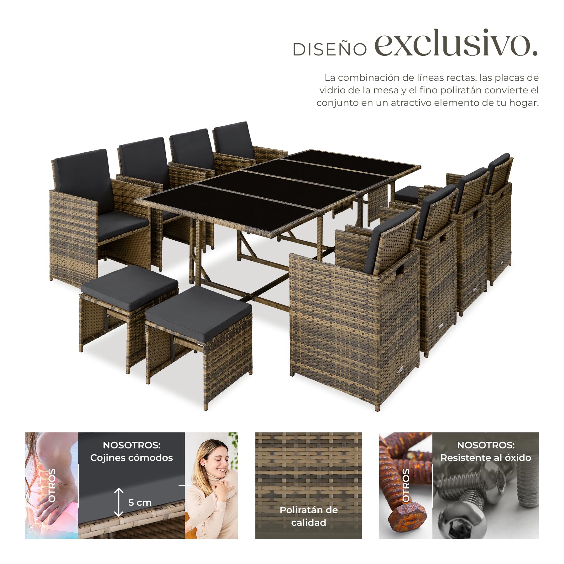 tectake® Juego de Muebles de Jardín en Ratán, Conjunto Comedor para Jardín Exterior, 8 Sillas, 4 Taburetes, 1 Mesa, Set de Muebles de Mimbre para Terraza o Patio, con Cojines y Fundas- Natural