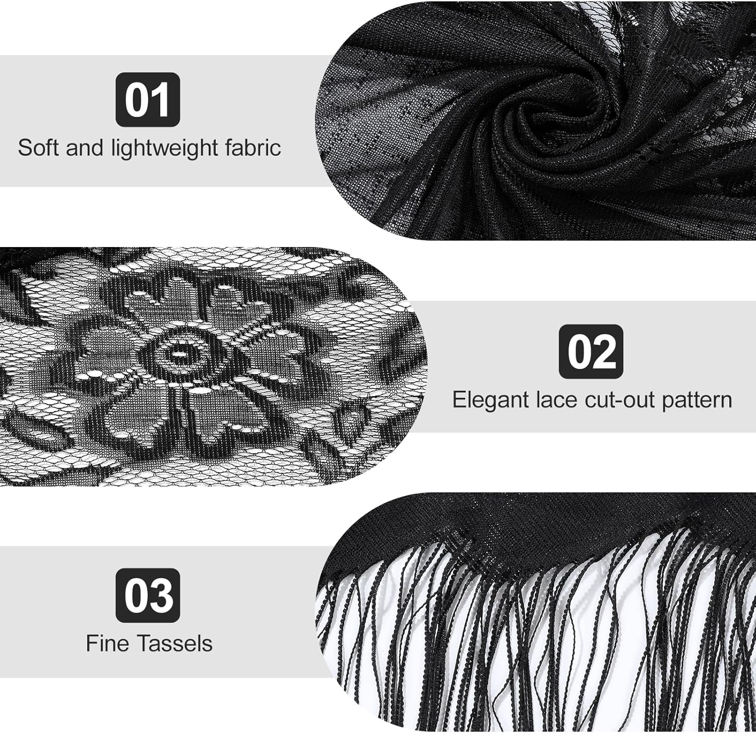 Lace Shawls and Wraps, Women Black Lace Wrap Shawl Triangle Fringe for Evening Dress Wedding Party 81 x 31in - Image 6